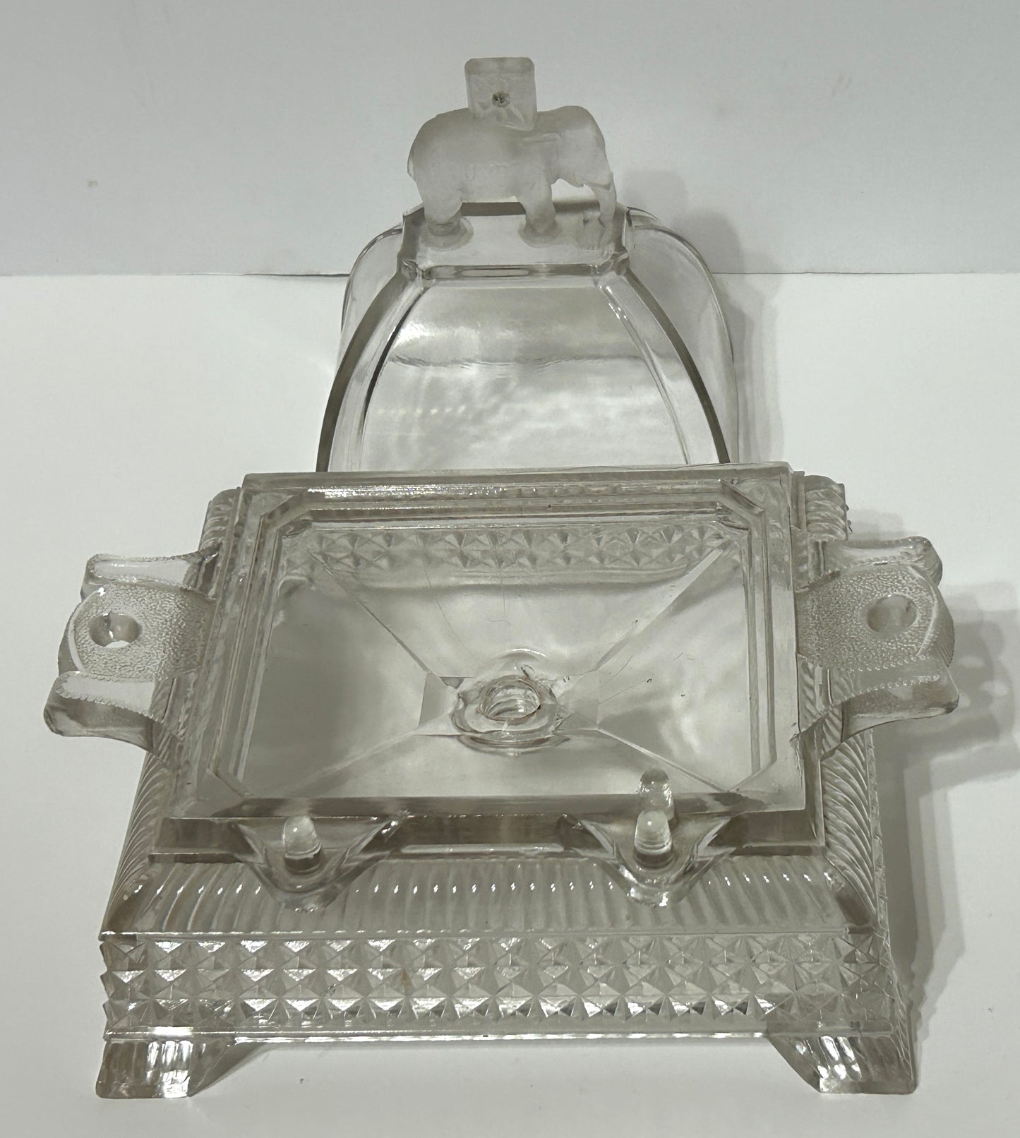 JUMBO ELEPHANT PATTERN GLASS COVERED BUTTER DISH 1883