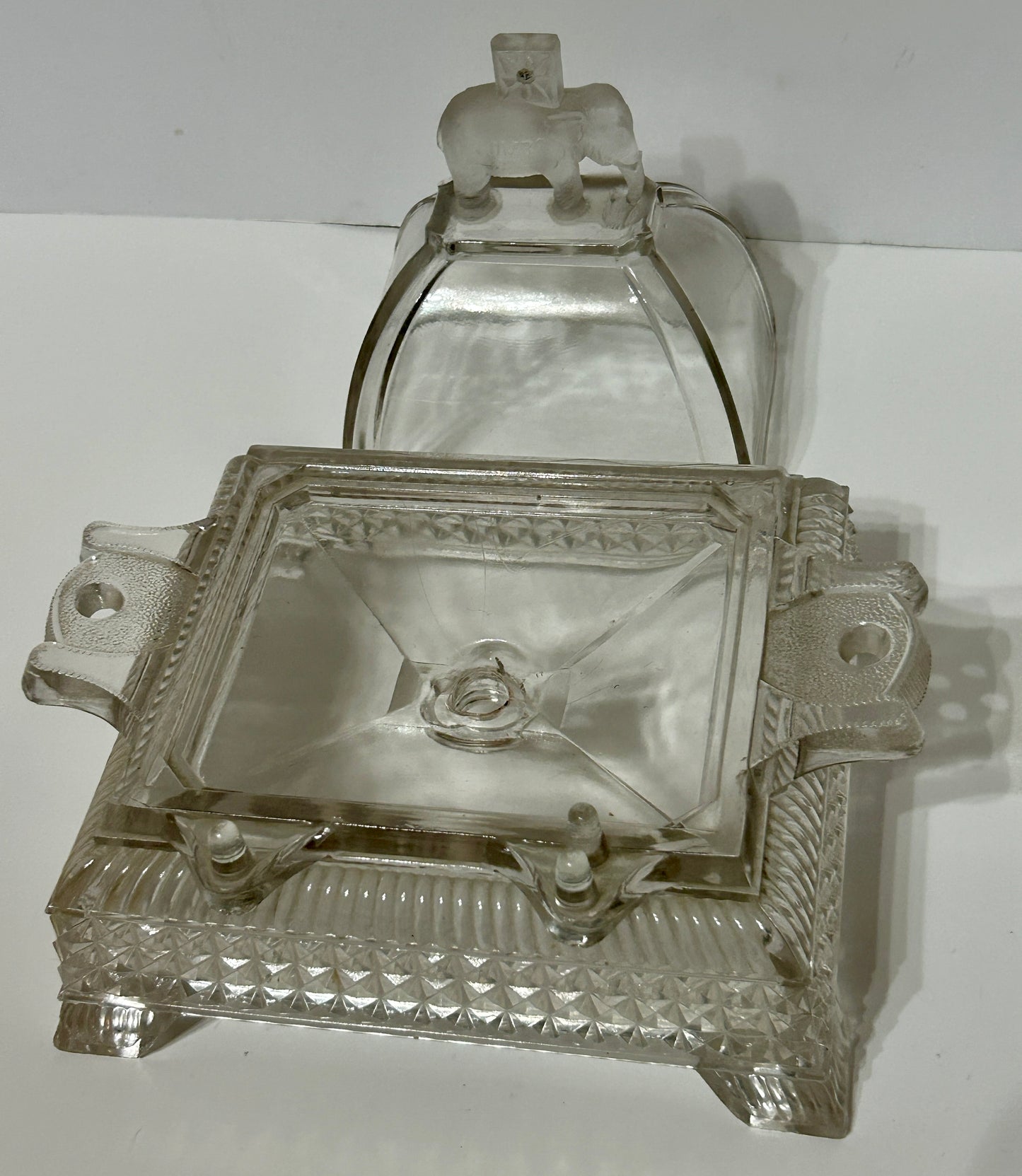 JUMBO ELEPHANT PATTERN GLASS COVERED BUTTER DISH 1883