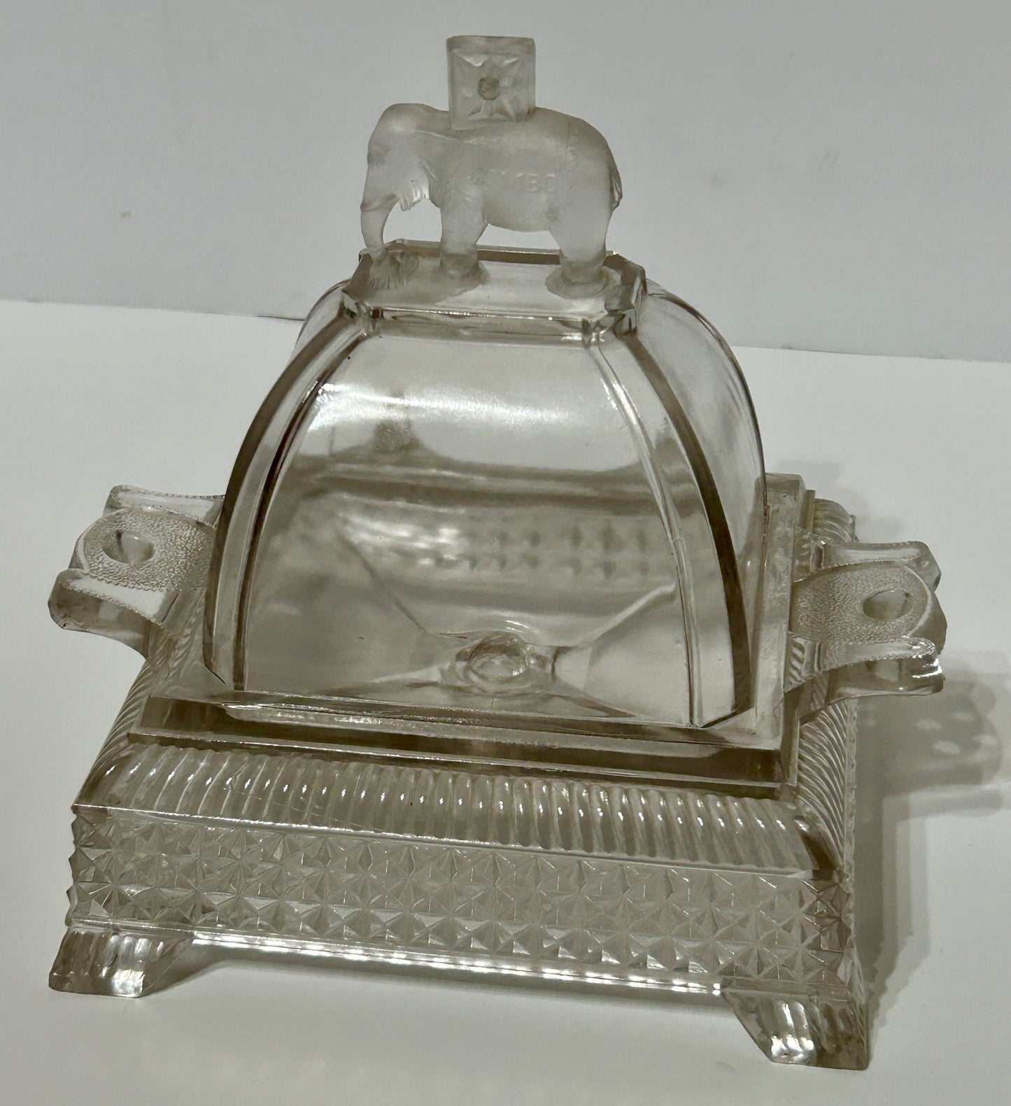 JUMBO ELEPHANT PATTERN GLASS COVERED BUTTER DISH 1883