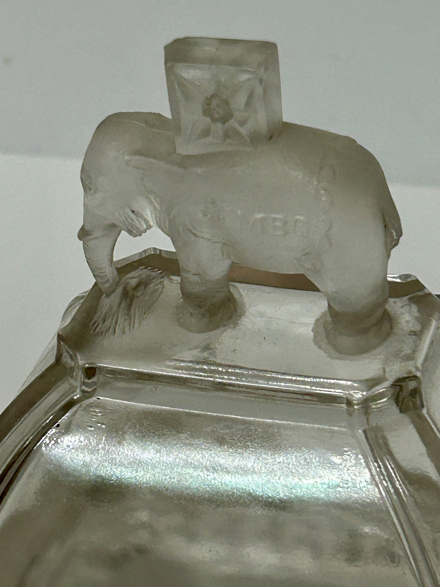 JUMBO ELEPHANT PATTERN GLASS COVERED BUTTER DISH 1883