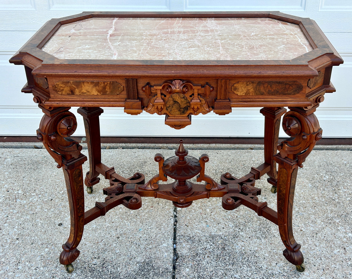 VICTORIAN ANTIQUE FANCY WALNUT MARBLE TOP CENTER TABLE