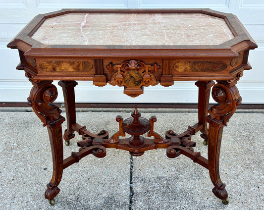 VICTORIAN ANTIQUE FANCY WALNUT MARBLE TOP CENTER TABLE