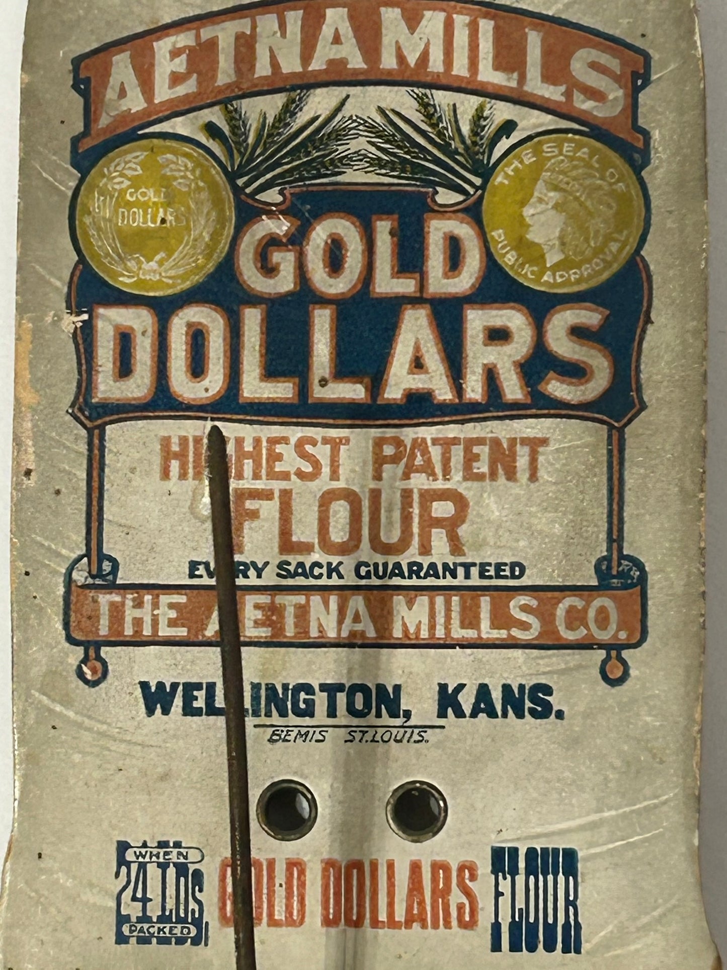 AETNA MILLS GOLD DOLLARS FLOUR ADVERTISING BILL HOOK