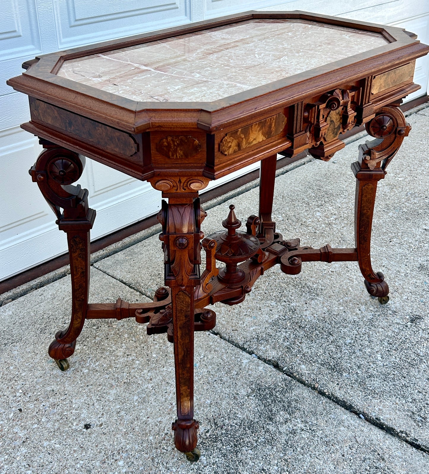 VICTORIAN ANTIQUE FANCY WALNUT MARBLE TOP CENTER TABLE