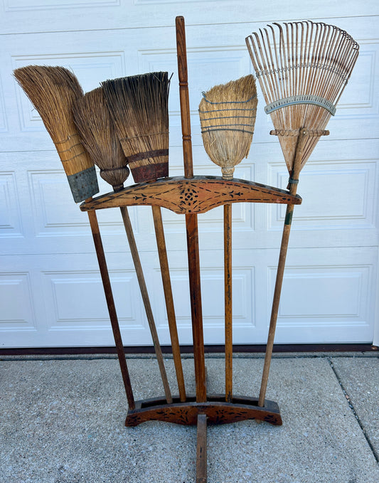 ANTIQUE GENERAL STORE WOODEN BROOM DISPLAY RACK