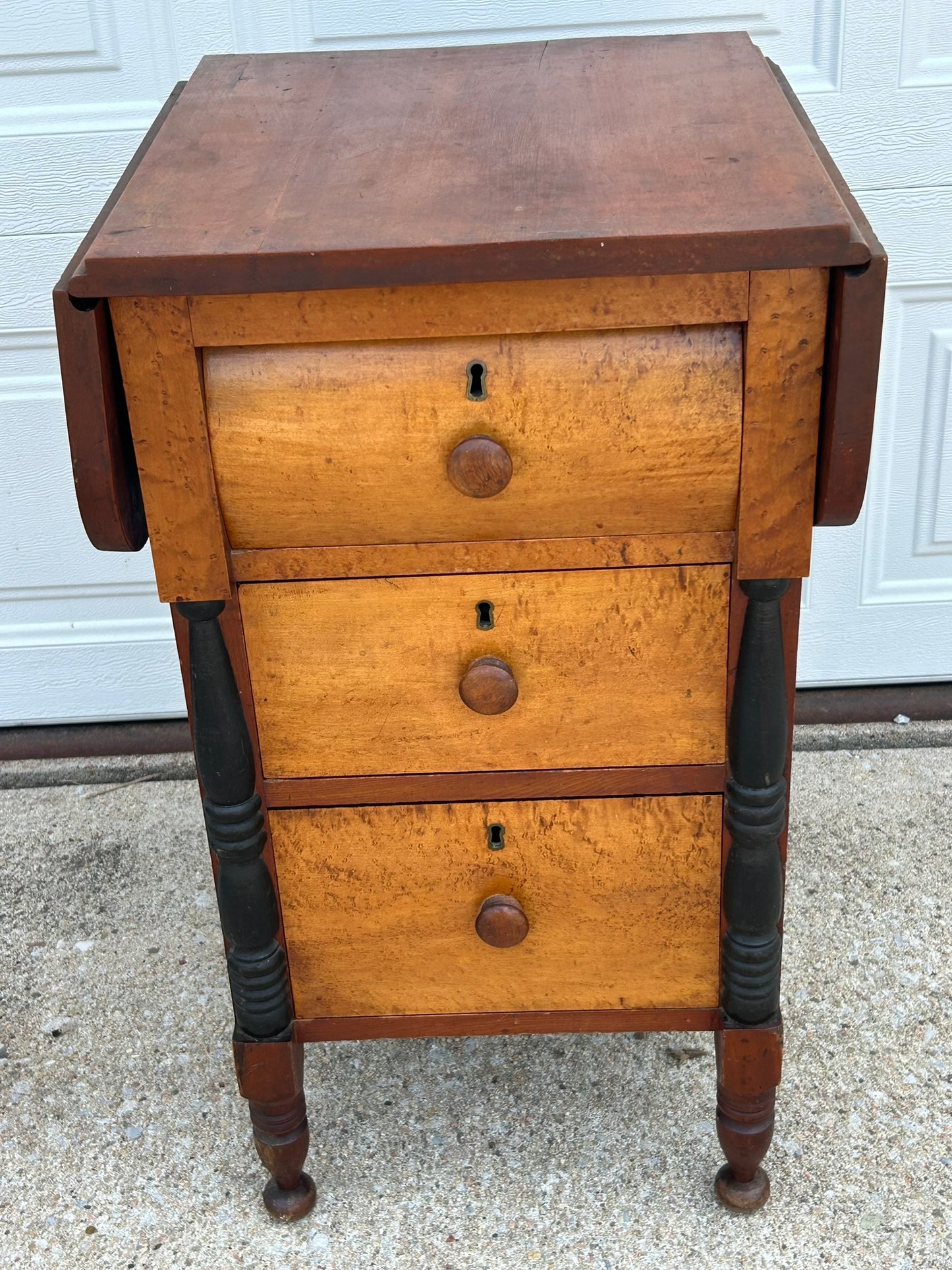 MID 1800's DROP LEAF SMALL THREE DRAWER MAPLE STAND