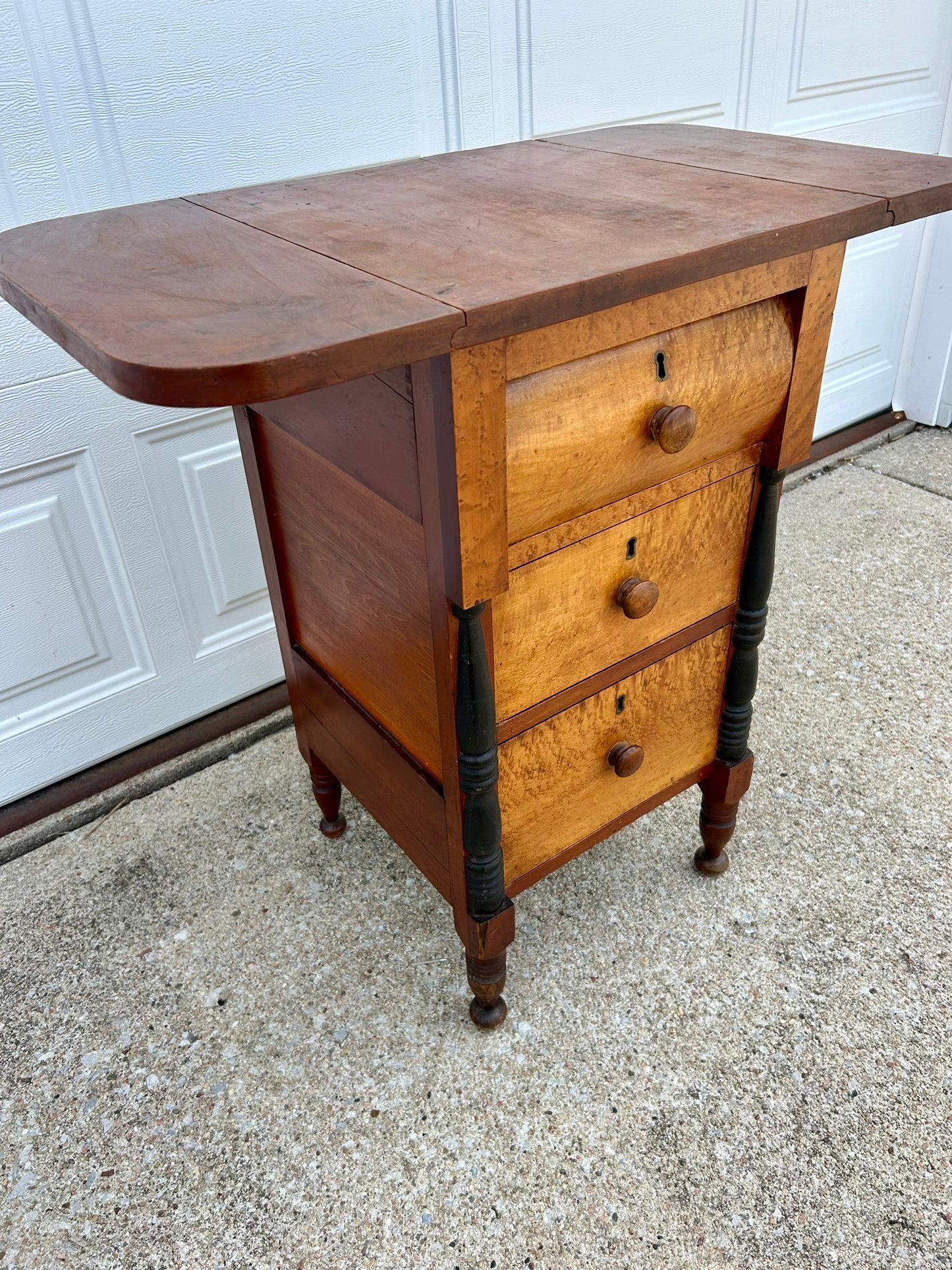 MID 1800's DROP LEAF SMALL THREE DRAWER MAPLE STAND