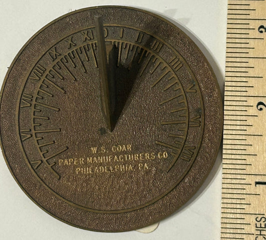 FIGURAL SUNDIAL ADVERTISING BRONZE PAPERWEIGHT COAR PAPER MANUFACTURER