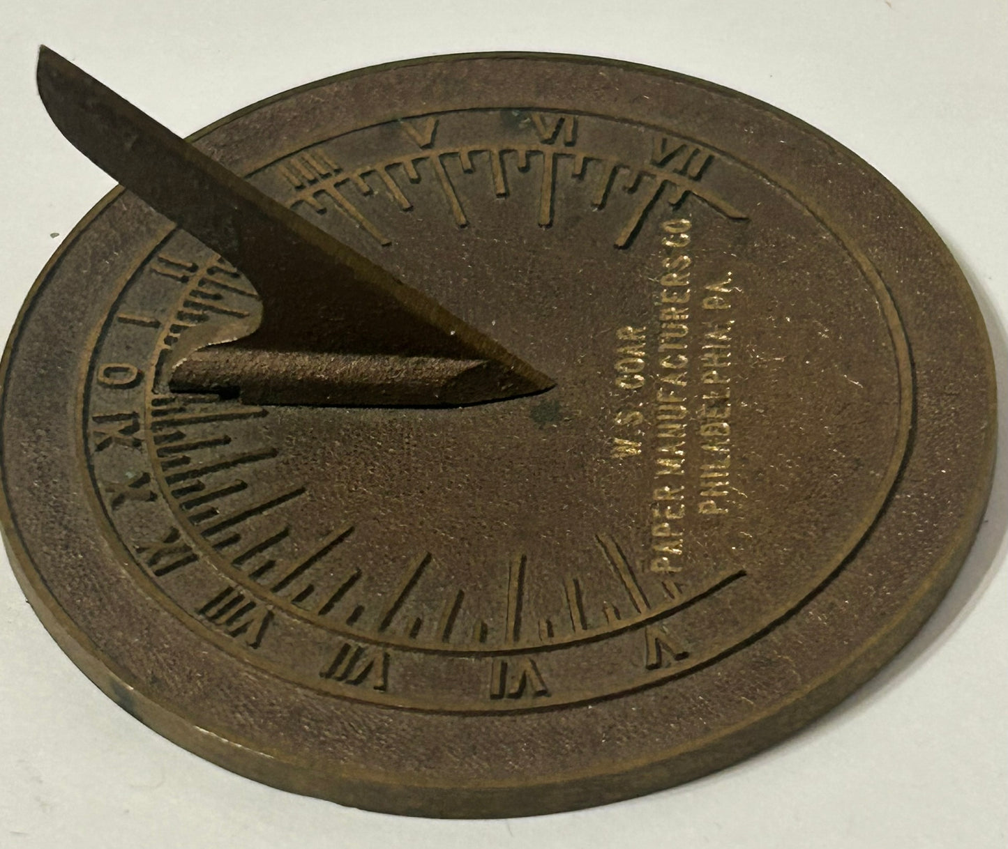 FIGURAL SUNDIAL ADVERTISING BRONZE PAPERWEIGHT COAR PAPER MANUFACTURER