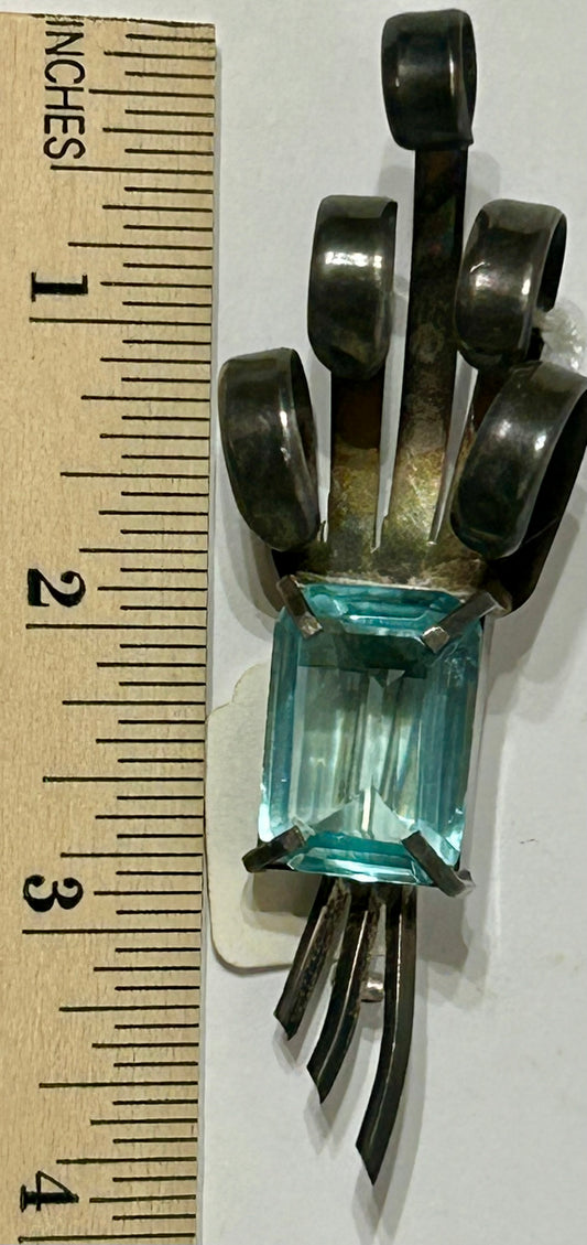 STERLING MEXICAN BROACH WITH AQUAMARINE STONE