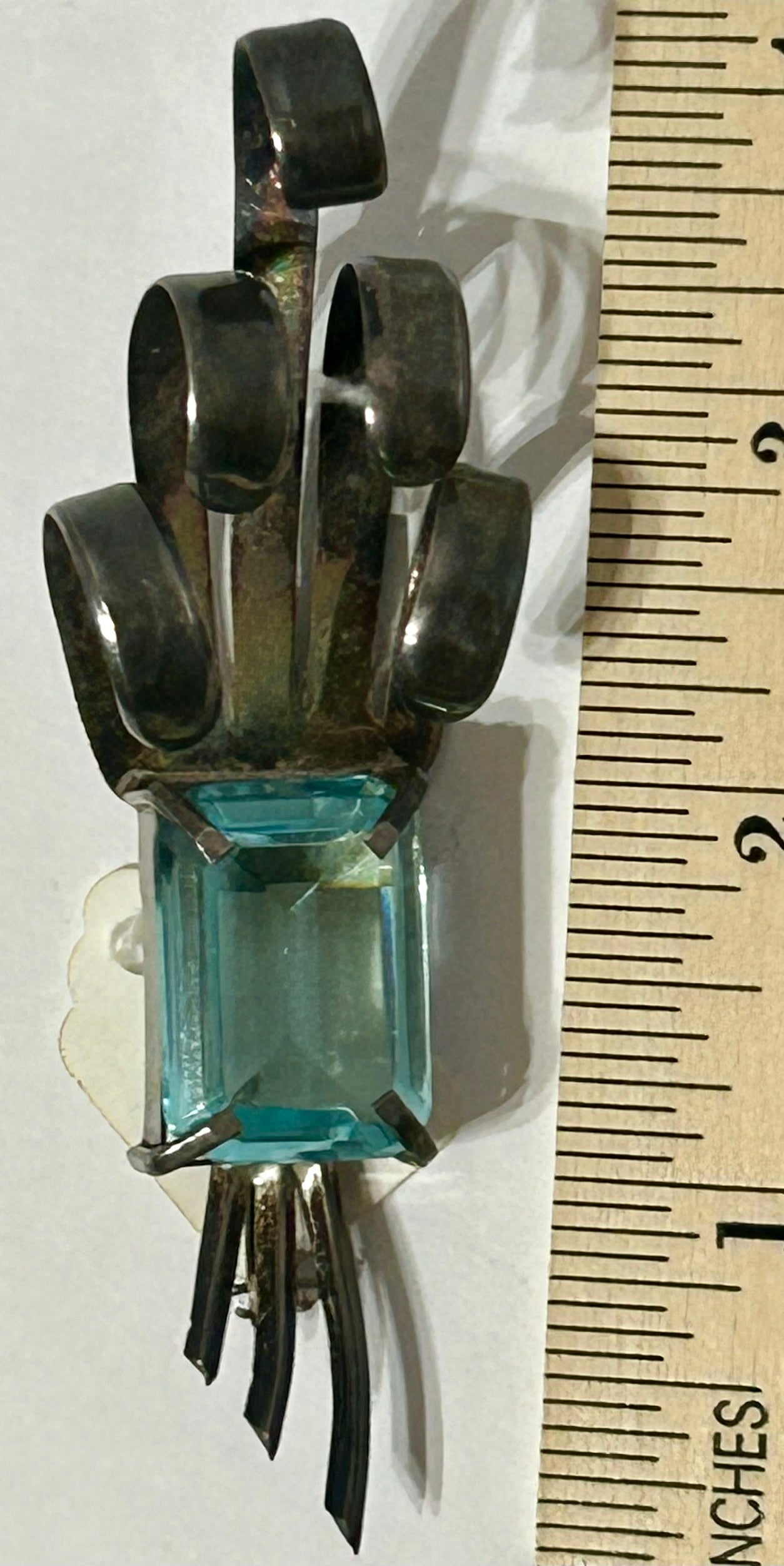 STERLING MEXICAN BROACH WITH AQUAMARINE STONE
