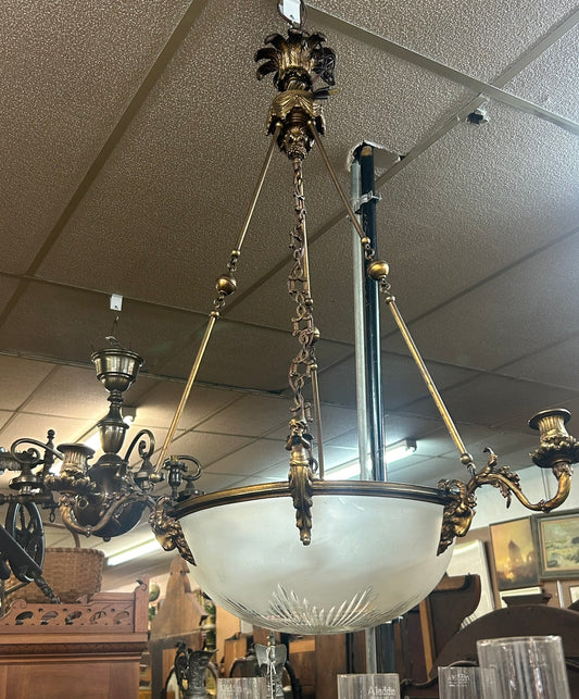 ANTIQUE BRONZE HANGING LAMP WITH DOME SHADE AND FIGURES