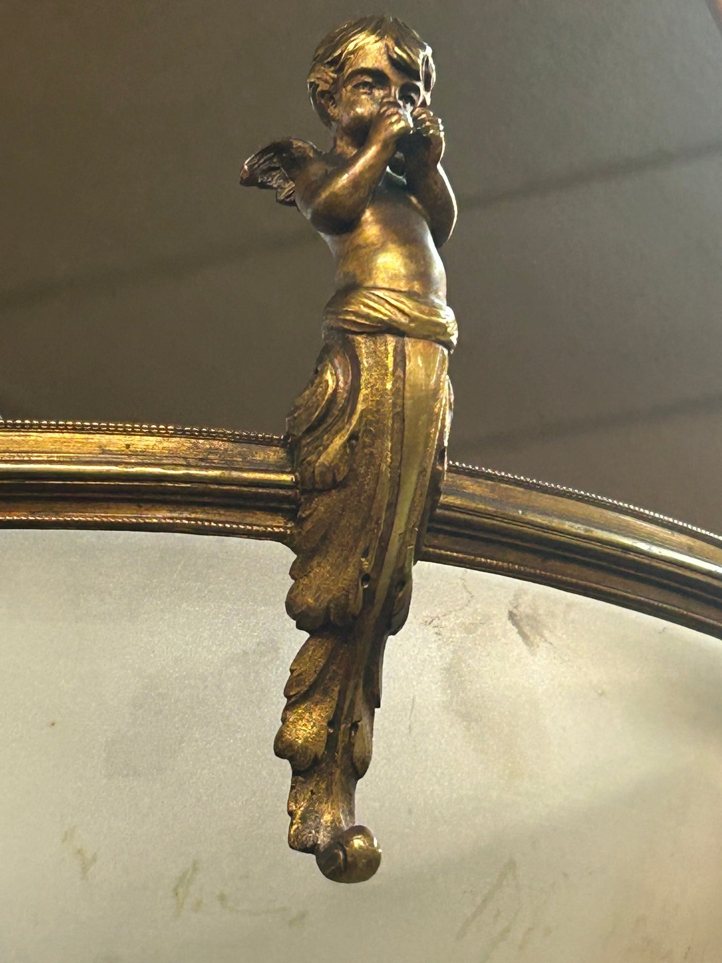 ANTIQUE BRONZE HANGING LAMP WITH DOME SHADE AND FIGURES