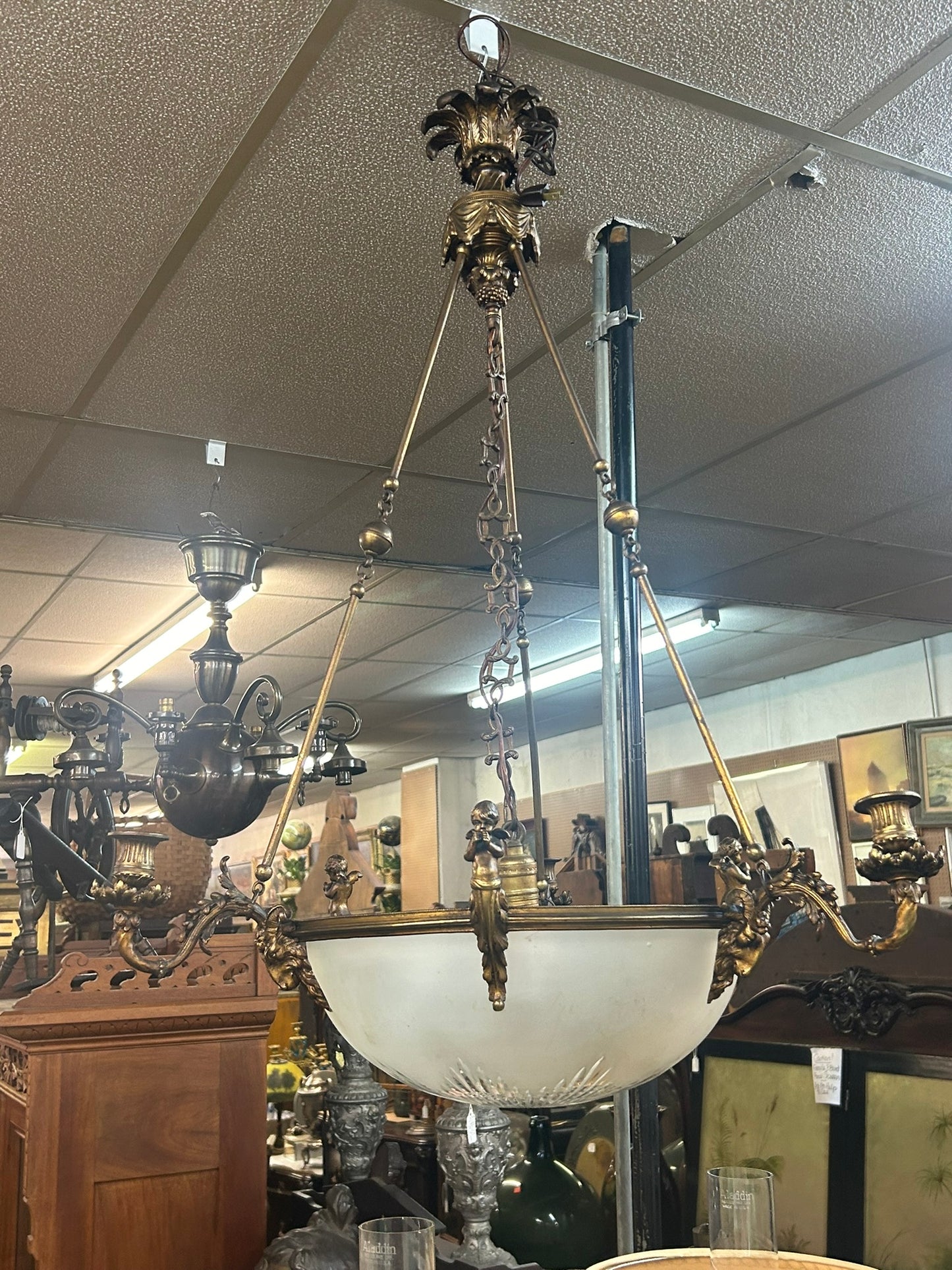 ANTIQUE BRONZE HANGING LAMP WITH DOME SHADE AND FIGURES