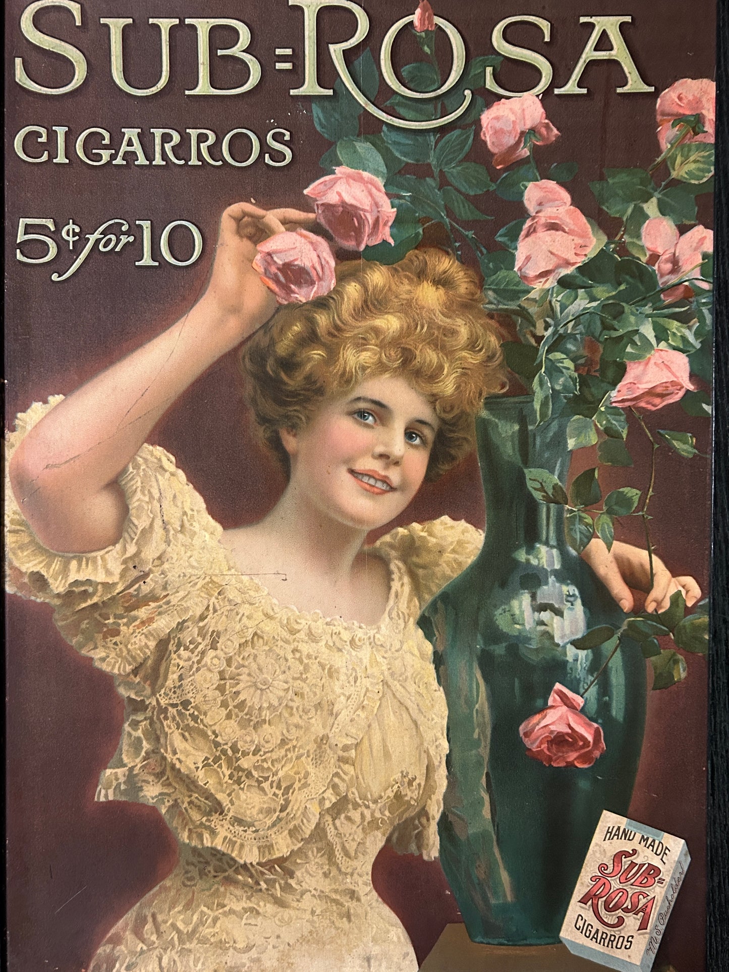 SUB ROSA CIGARROS {LITTLE CIGARS} CARDBOARD ADVERTISING ANTIQUE SIGN