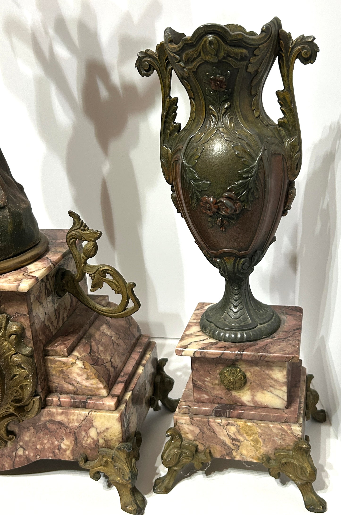 ANTIQUE THREE PIECE FIGURAL BUTTERFLY GIRL CLOCK SET