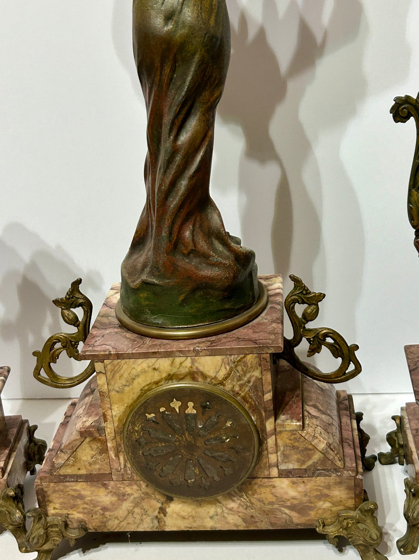 ANTIQUE THREE PIECE FIGURAL BUTTERFLY GIRL CLOCK SET