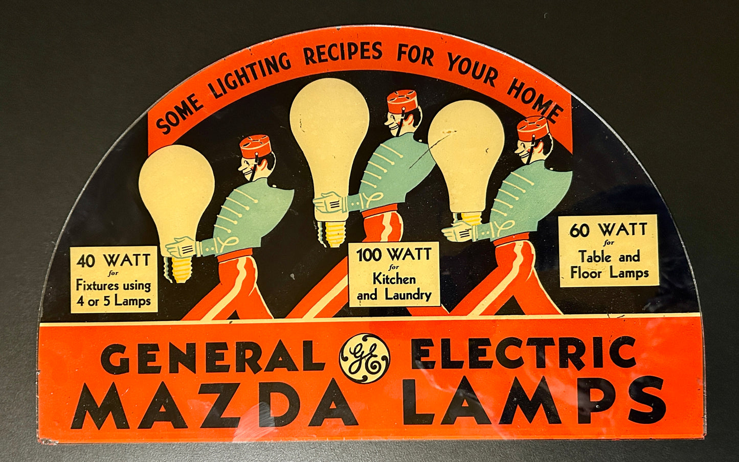 ANTIQUE GENERAL ELECTRIC MAZADA LAMPS REVERSE ON GLASS ADV. PANEL
