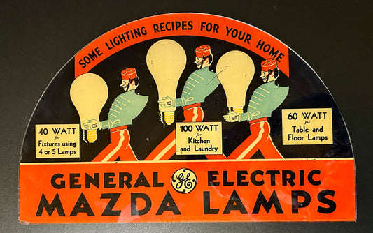 ANTIQUE GENERAL ELECTRIC MAZADA LAMPS REVERSE ON GLASS ADV. PANEL
