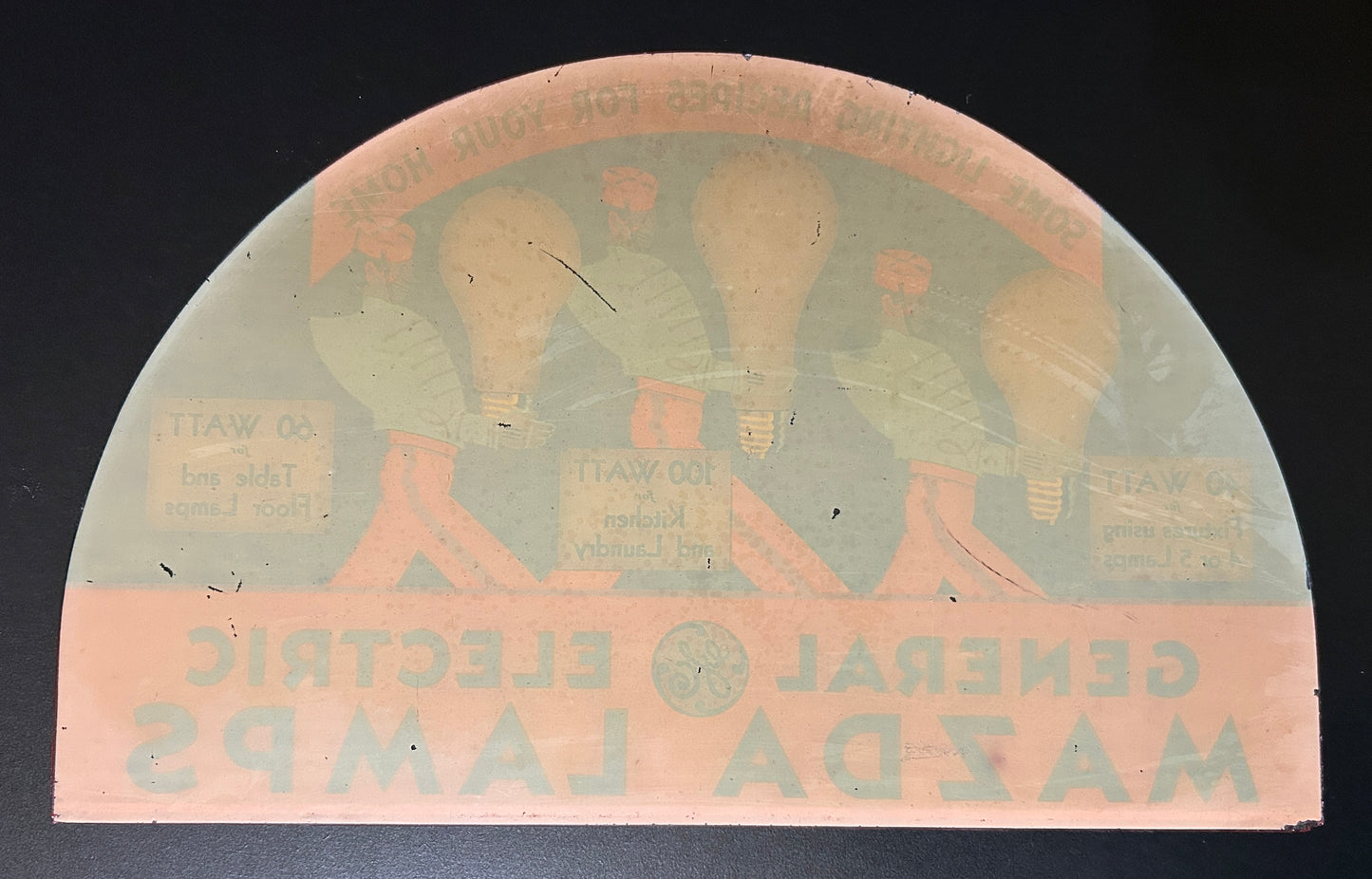ANTIQUE GENERAL ELECTRIC MAZADA LAMPS REVERSE ON GLASS ADV. PANEL