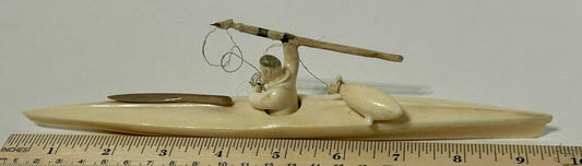 WALRUS IVORY INUIT SPEAR HUNTER IN KAYAK