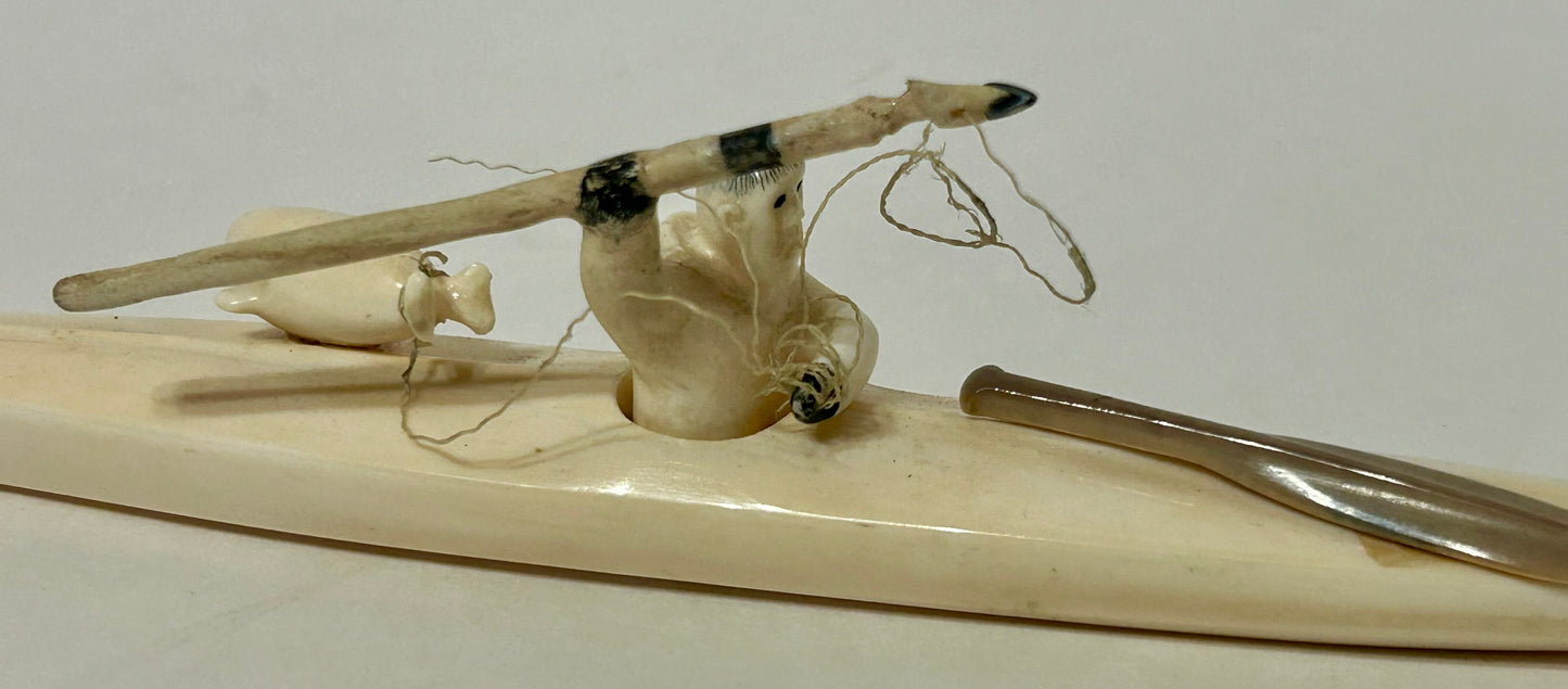 WALRUS IVORY INUIT SPEAR HUNTER IN KAYAK