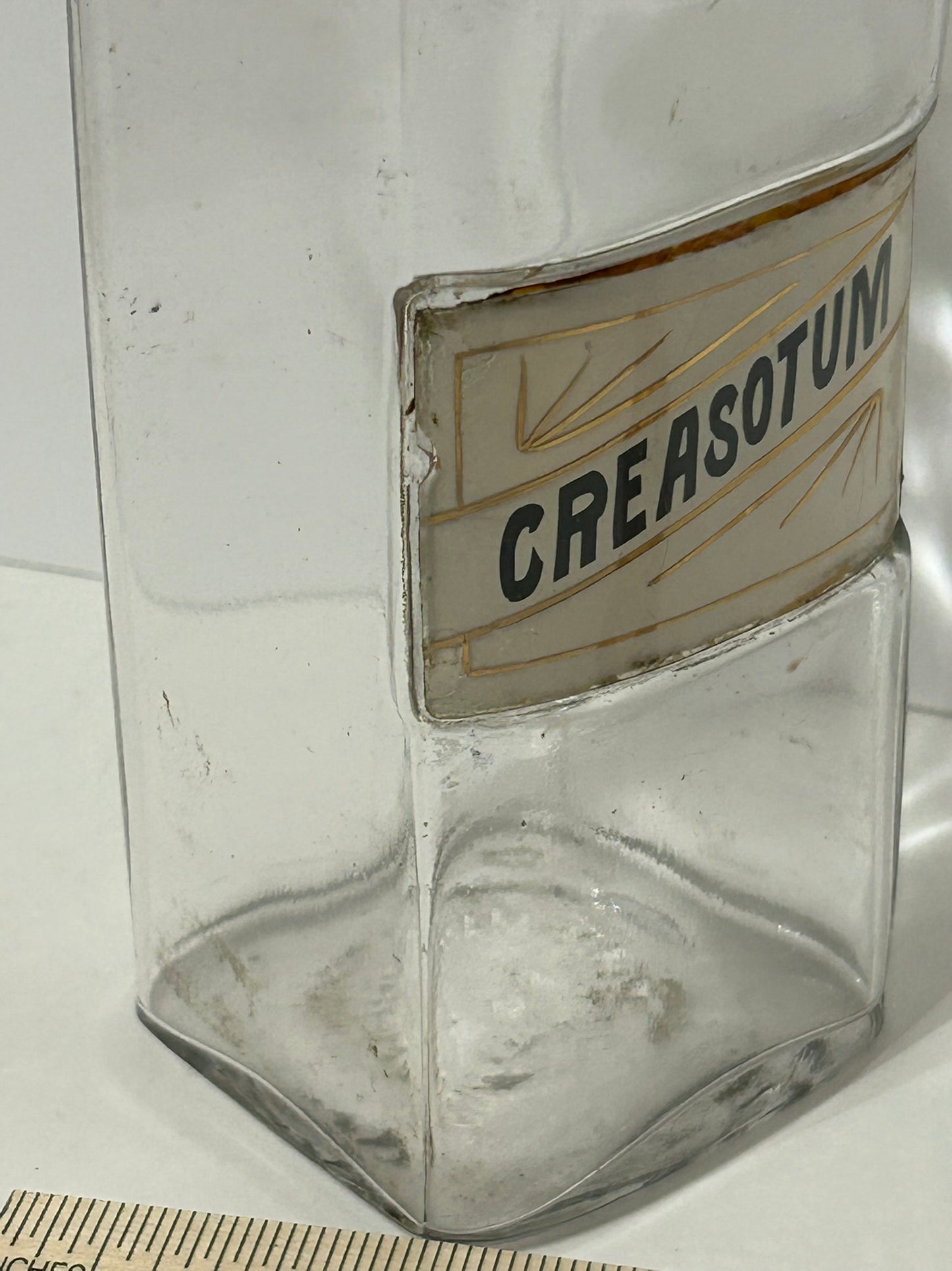 DRUGGIST LABEL UNDER GLASS ANTIQUE BOTTLE FOR "CREASOTUM"