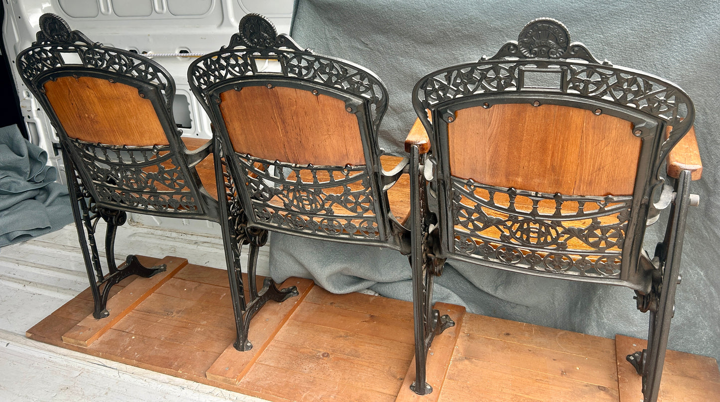 ANTIQUE FANCY CAST IRON AND WOOD TRIPLE SEAT THEATER FOLDING BENCH