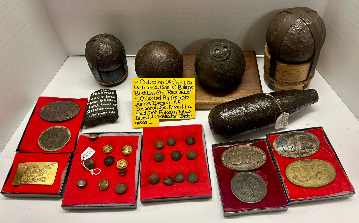 CIVIL WAR ANTIQUE ARTILLERY ORDINANCE, BUCKLES, AND BUTTONS COLLECTION FOR SALE