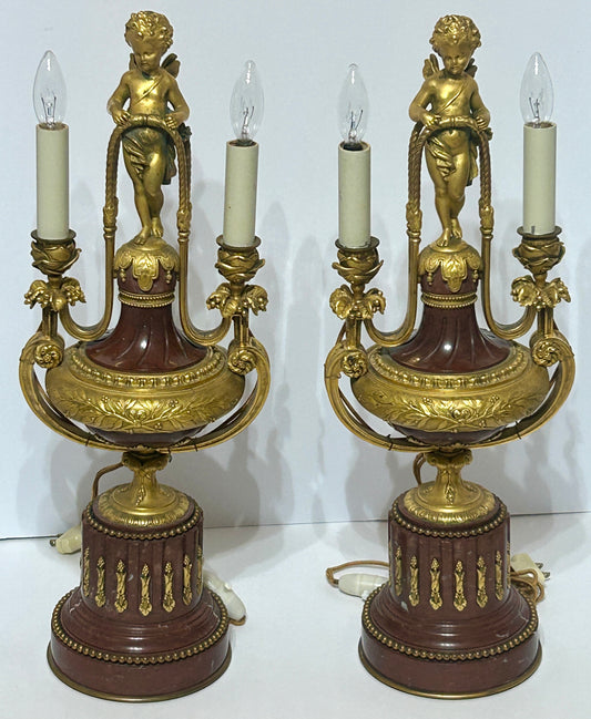 ANTIQUE BRONZE AND MARBLE FRENCH PAIR FIGURAL LAMPS WITH WINGED CHILDREN