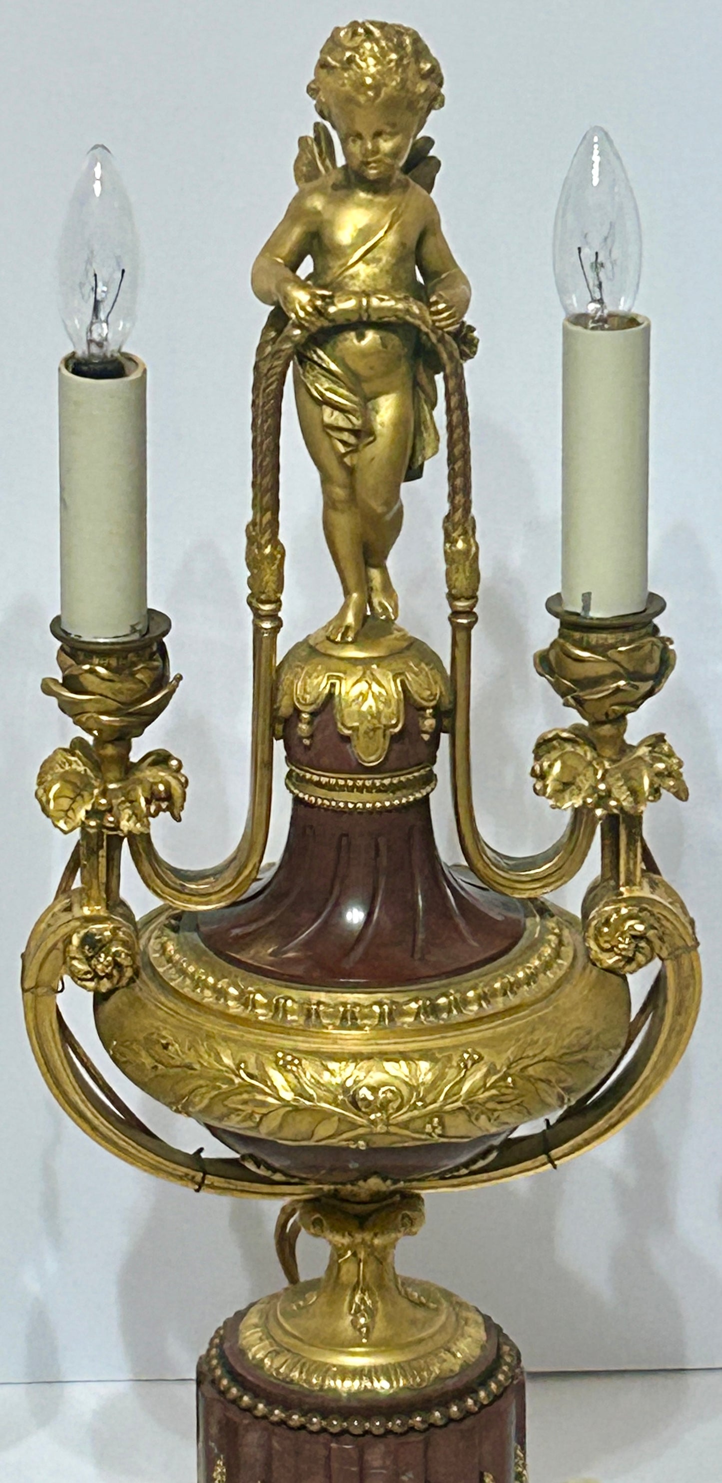 ANTIQUE BRONZE AND MARBLE FRENCH PAIR FIGURAL LAMPS WITH WINGED CHILDREN