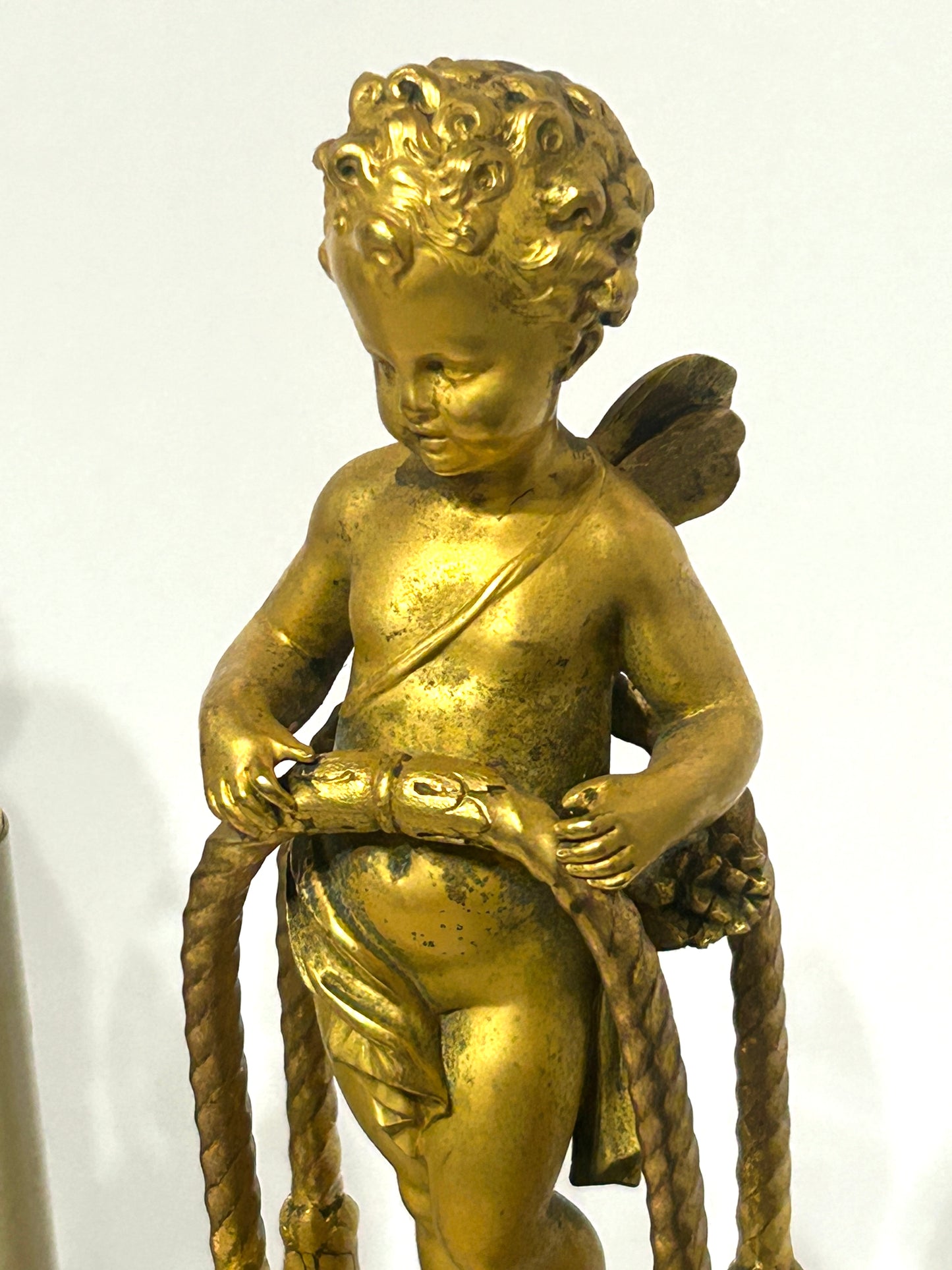 ANTIQUE BRONZE AND MARBLE FRENCH PAIR FIGURAL LAMPS WITH WINGED CHILDREN