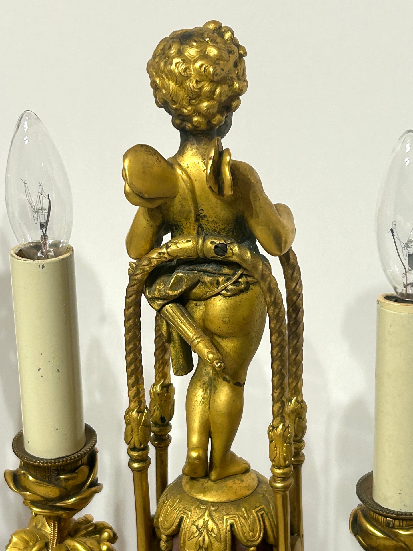 ANTIQUE BRONZE AND MARBLE FRENCH PAIR FIGURAL LAMPS WITH WINGED CHILDREN