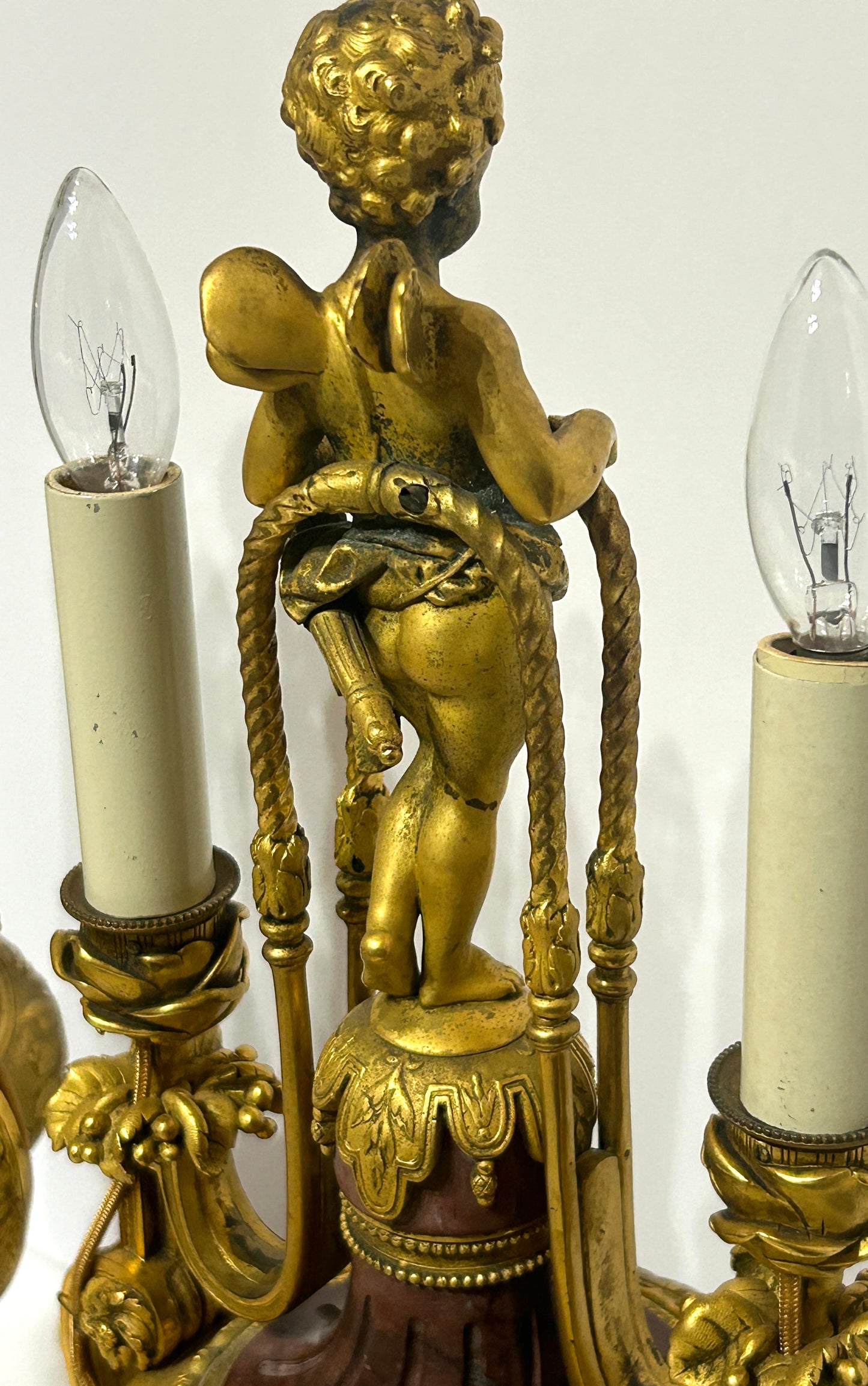 ANTIQUE BRONZE AND MARBLE FRENCH PAIR FIGURAL LAMPS WITH WINGED CHILDREN