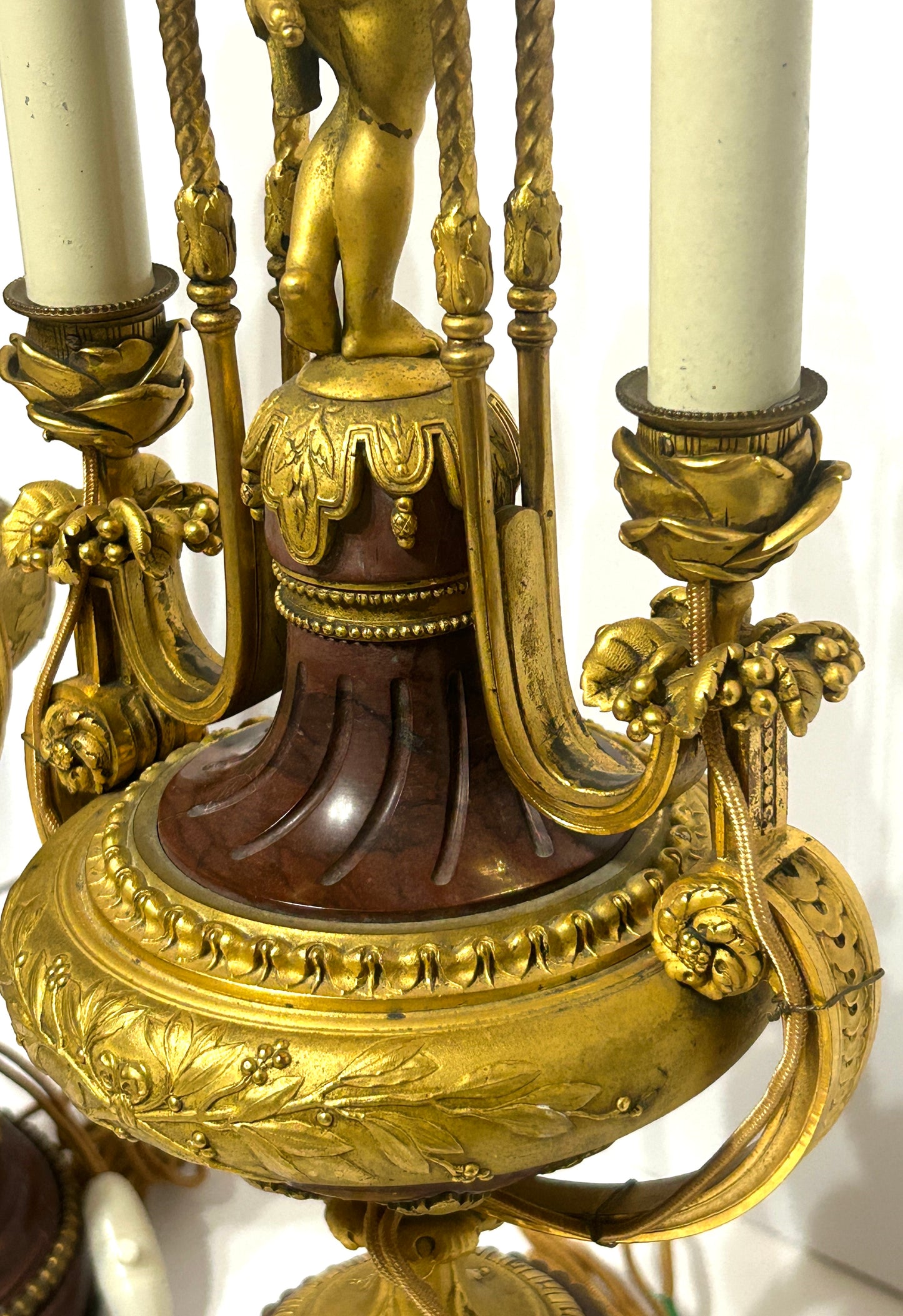ANTIQUE BRONZE AND MARBLE FRENCH PAIR FIGURAL LAMPS WITH WINGED CHILDREN