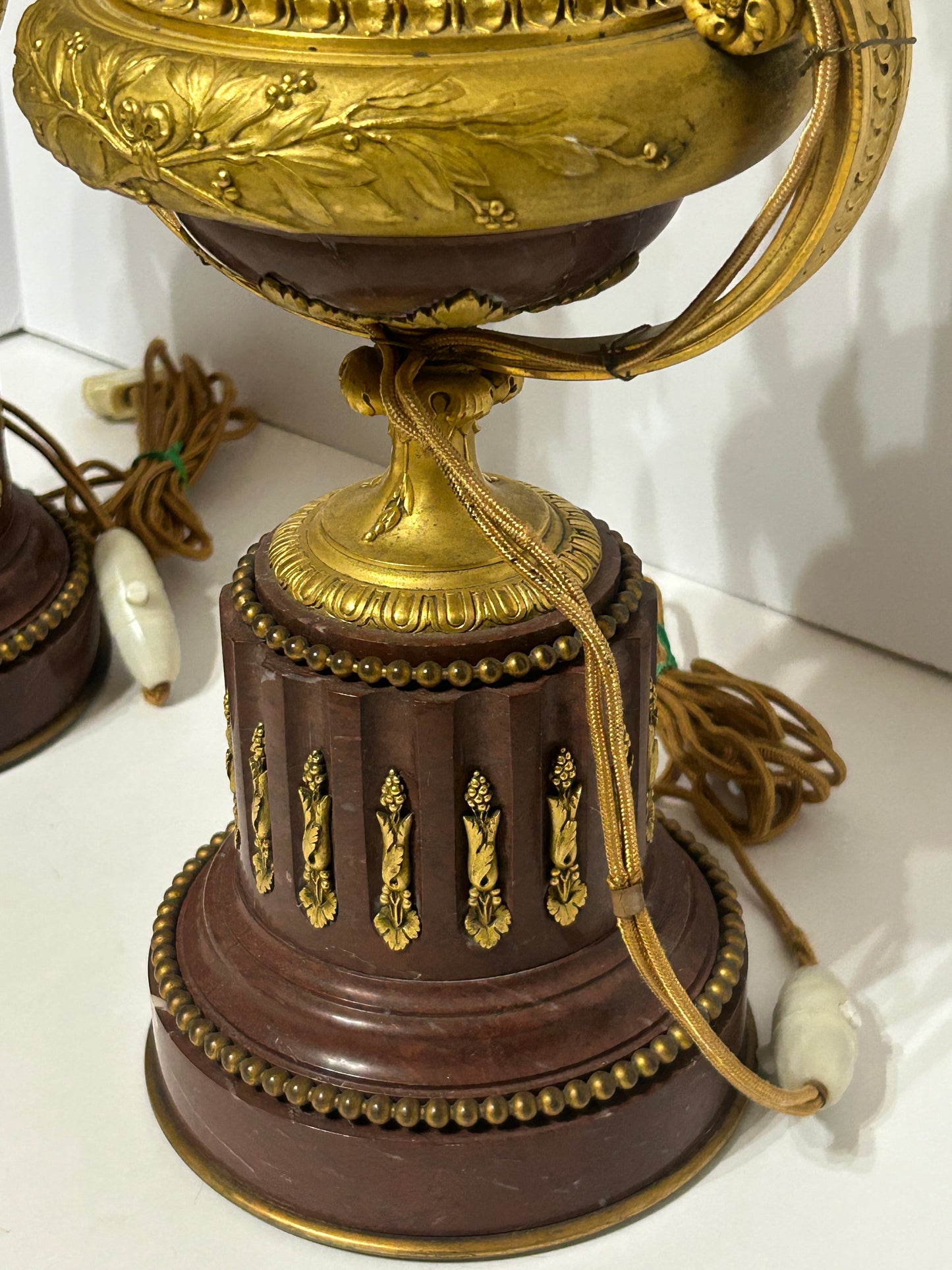 ANTIQUE BRONZE AND MARBLE FRENCH PAIR FIGURAL LAMPS WITH WINGED CHILDREN