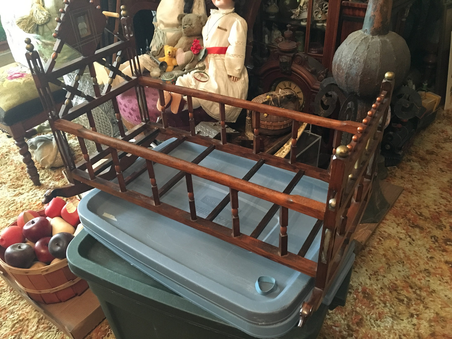 FOLK ART EARLY DOLL CRADLE WITH BALL CAGES AND CARVED DOGS PLUS MUCH MORE