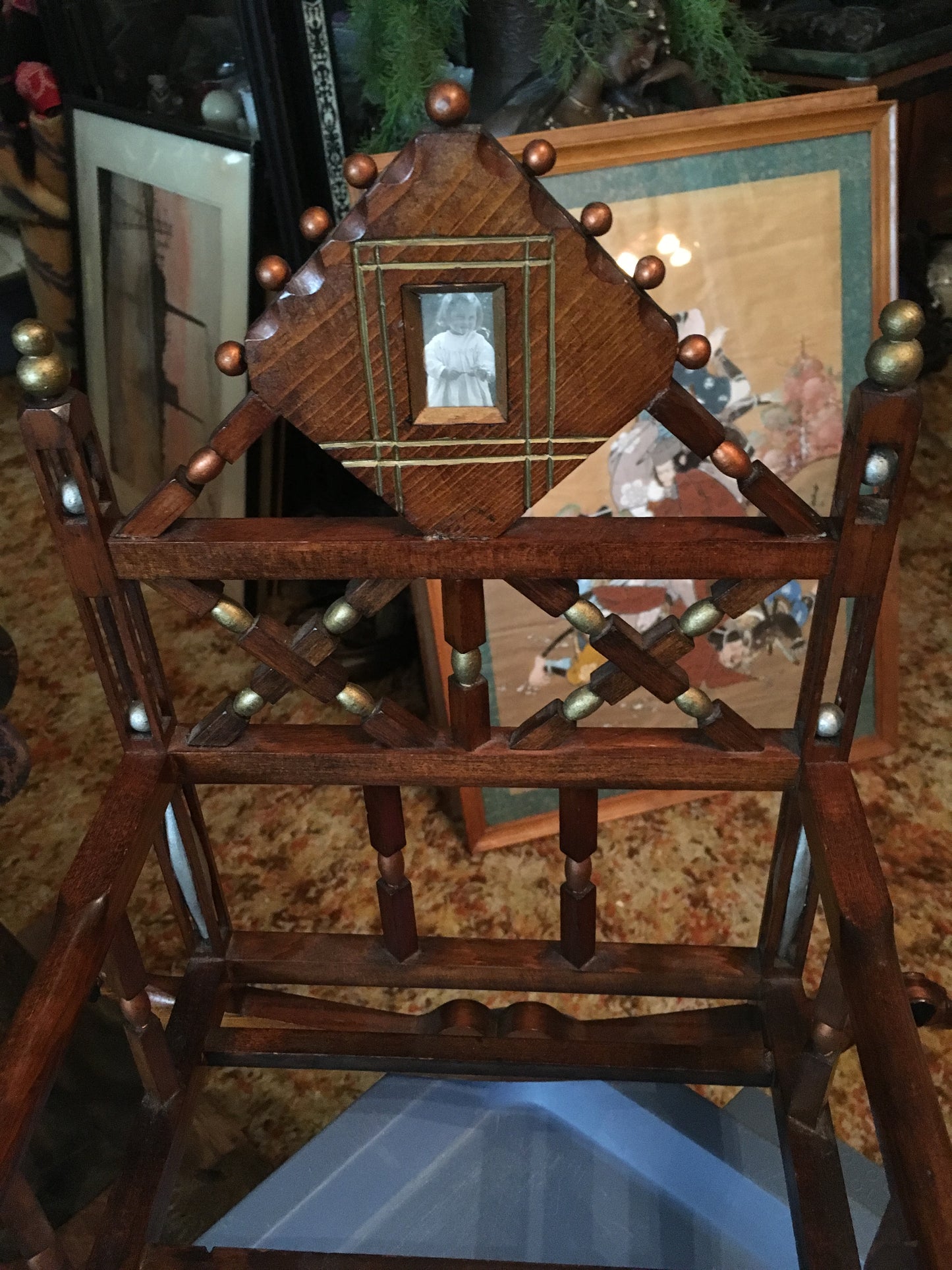 FOLK ART EARLY DOLL CRADLE WITH BALL CAGES AND CARVED DOGS PLUS MUCH MORE