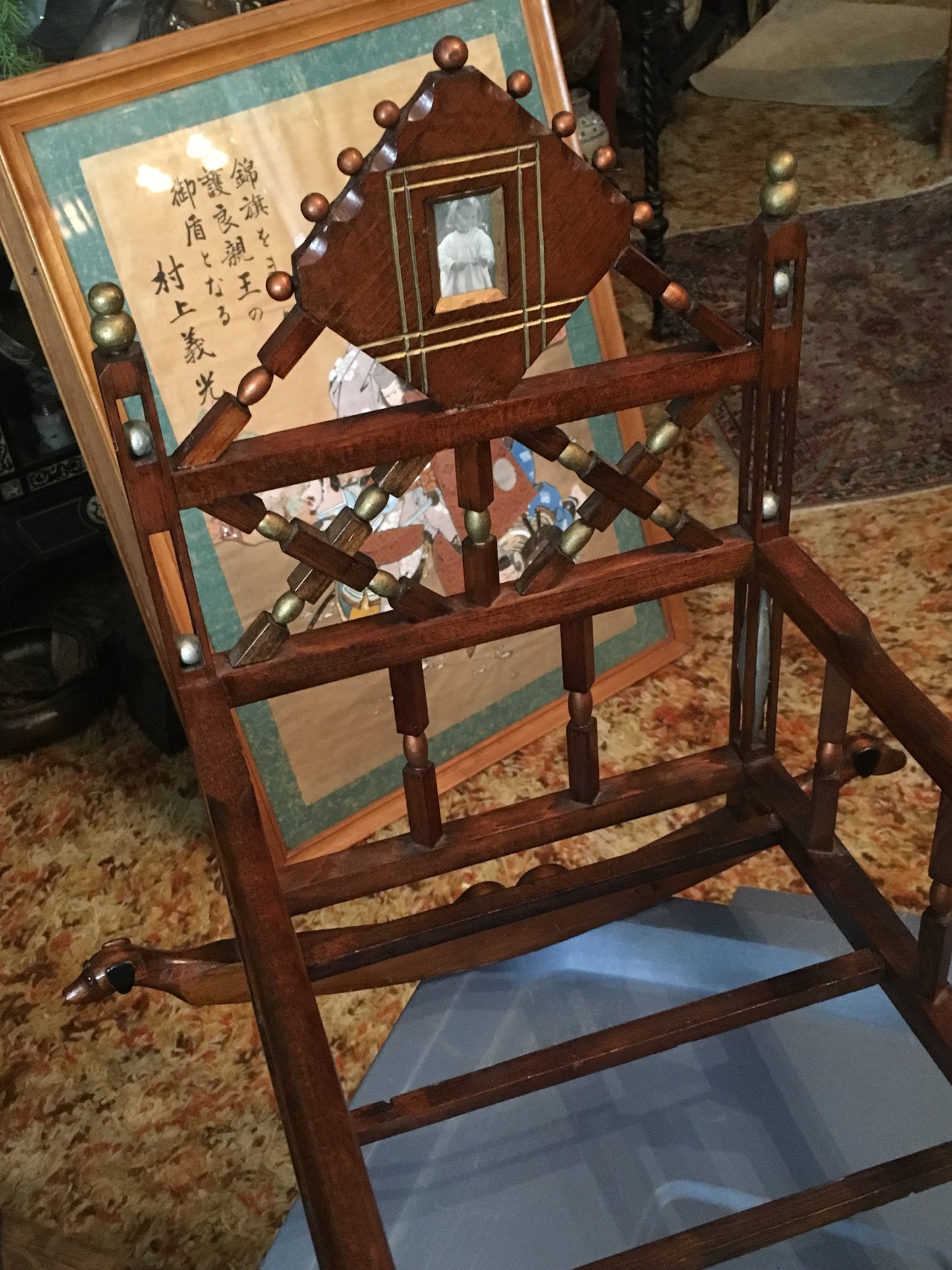 FOLK ART EARLY DOLL CRADLE WITH BALL CAGES AND CARVED DOGS PLUS MUCH MORE