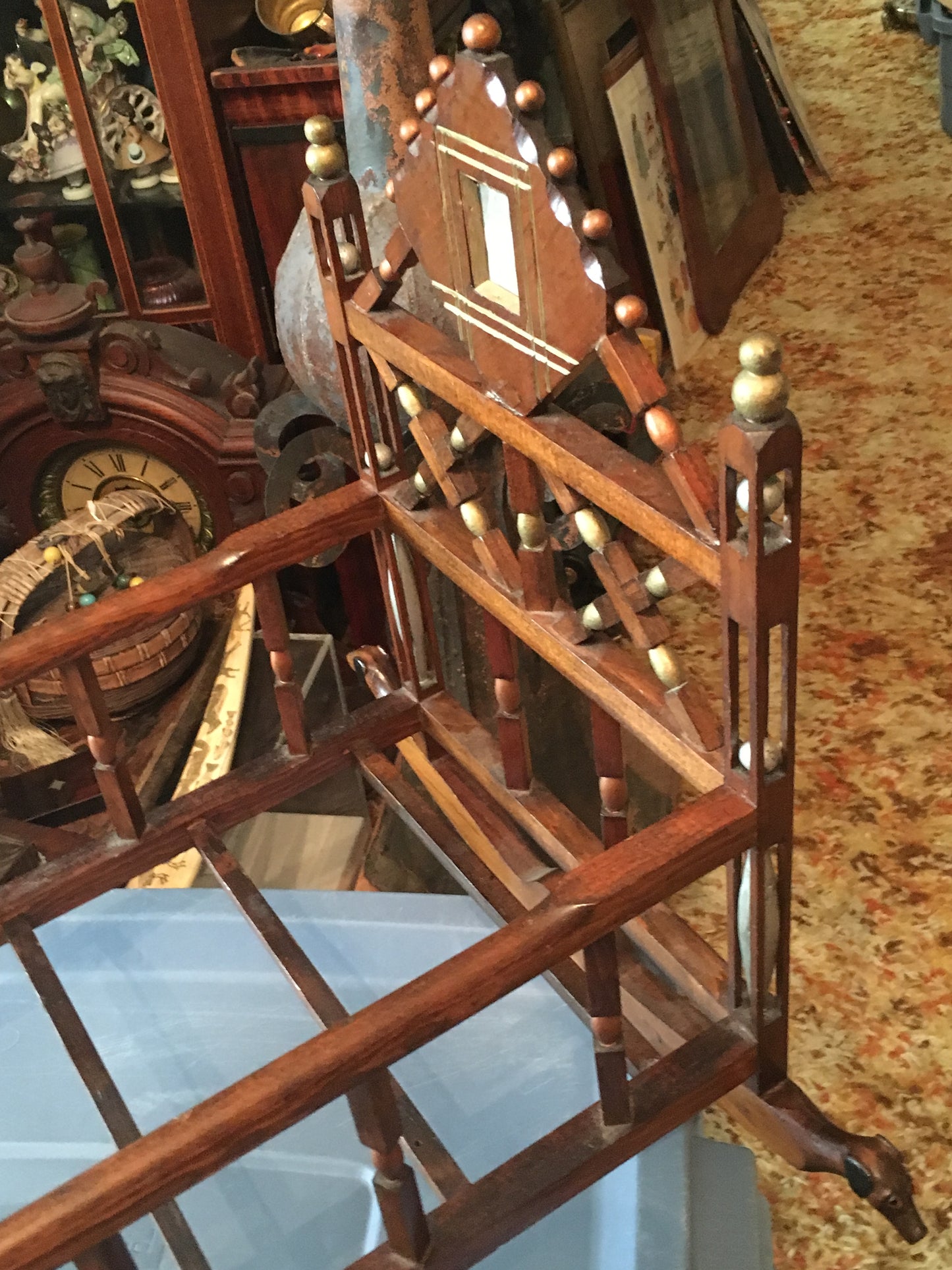 FOLK ART EARLY DOLL CRADLE WITH BALL CAGES AND CARVED DOGS PLUS MUCH MORE