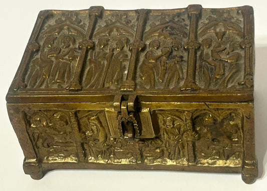 ANTIQUE BRONZE MEDIEVAL DESIGN JEWELRY CASKET