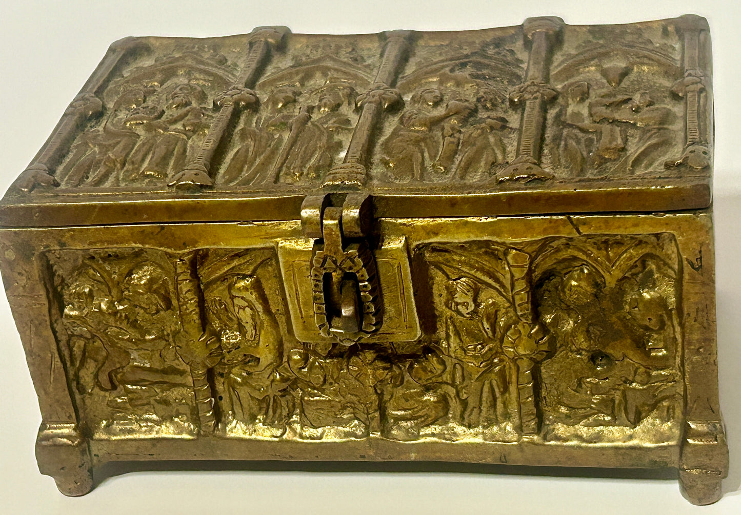 ANTIQUE BRONZE MEDIEVAL DESIGN JEWELRY CASKET