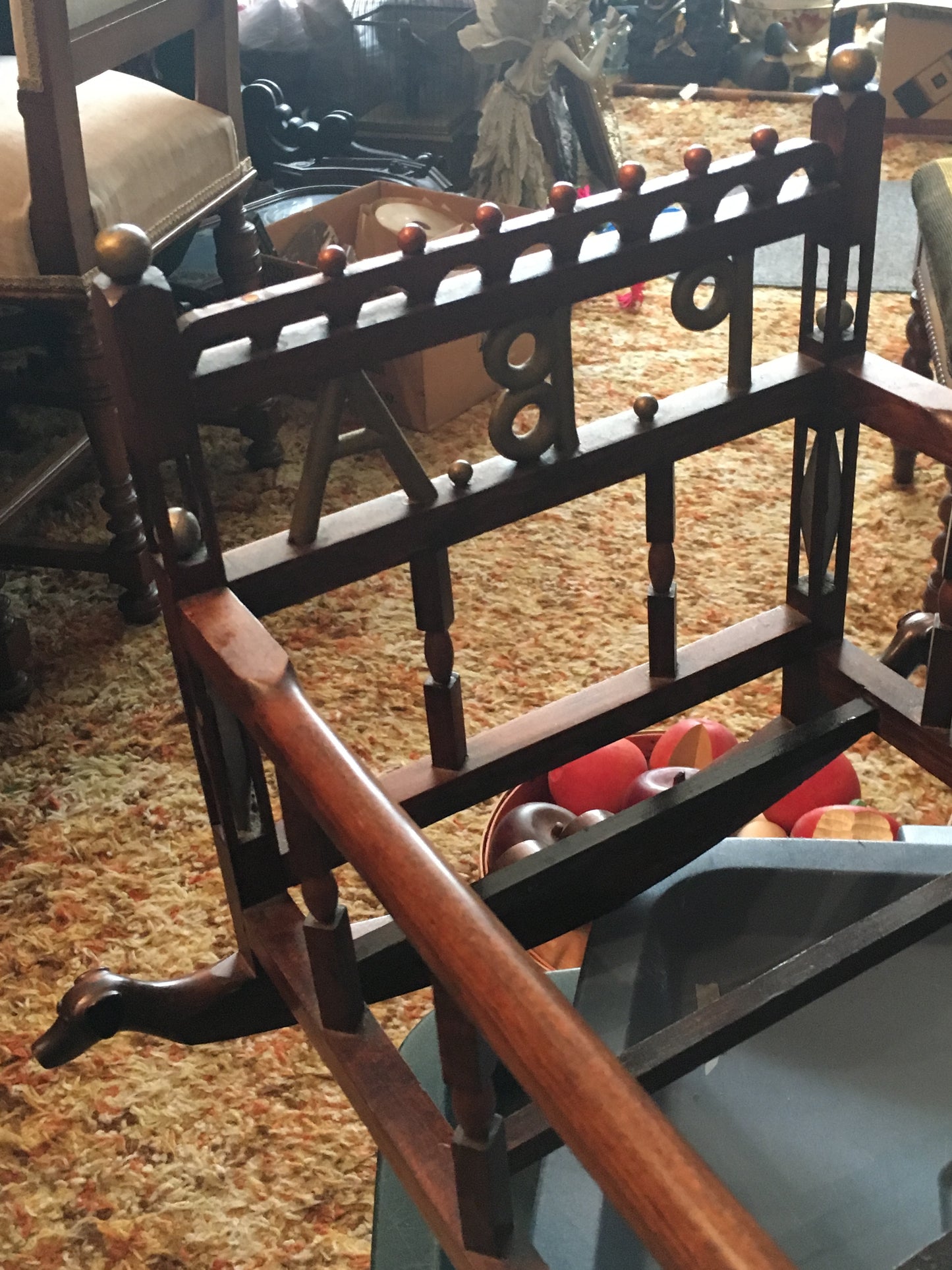 FOLK ART EARLY DOLL CRADLE WITH BALL CAGES AND CARVED DOGS PLUS MUCH MORE