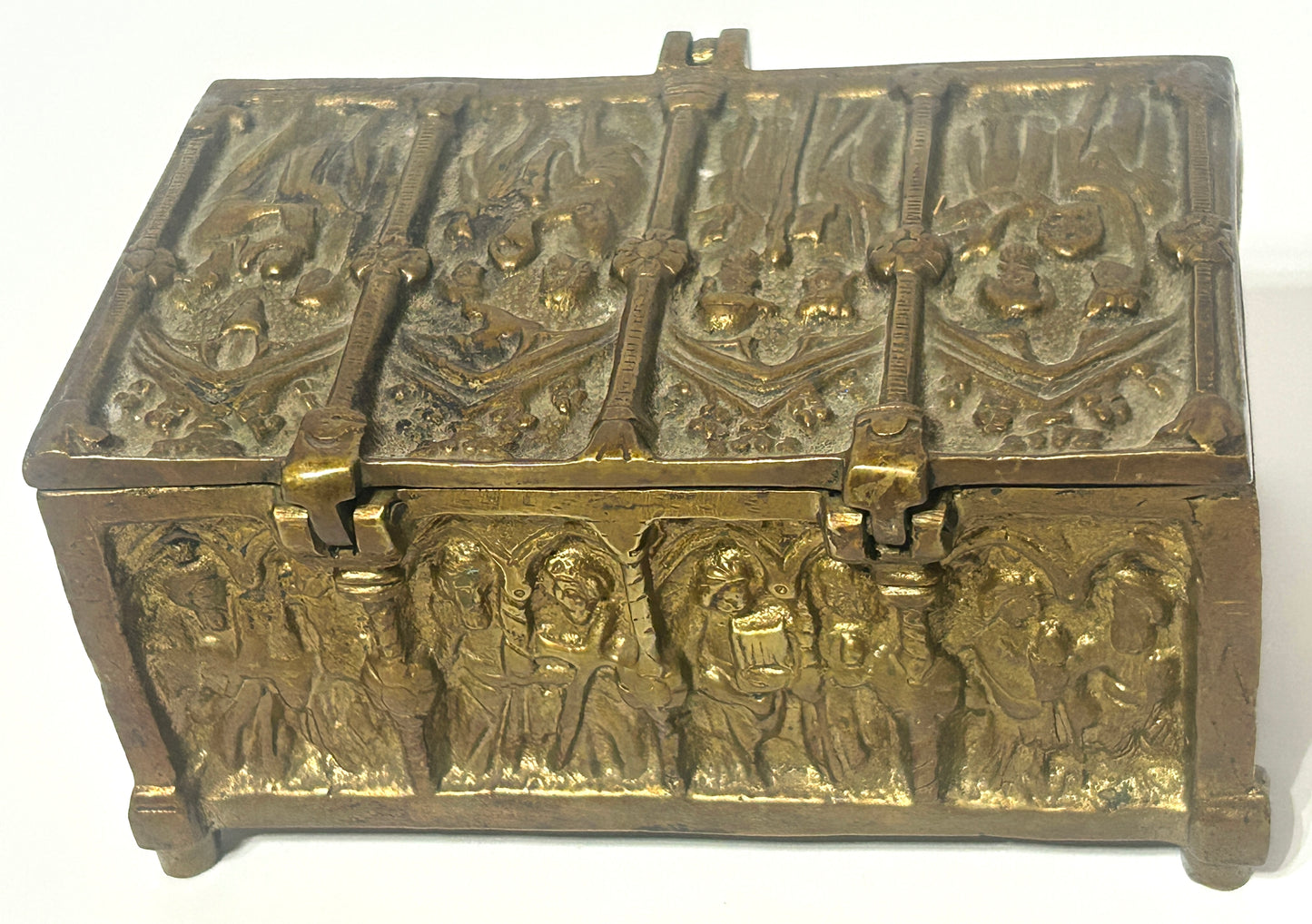 ANTIQUE BRONZE MEDIEVAL DESIGN JEWELRY CASKET