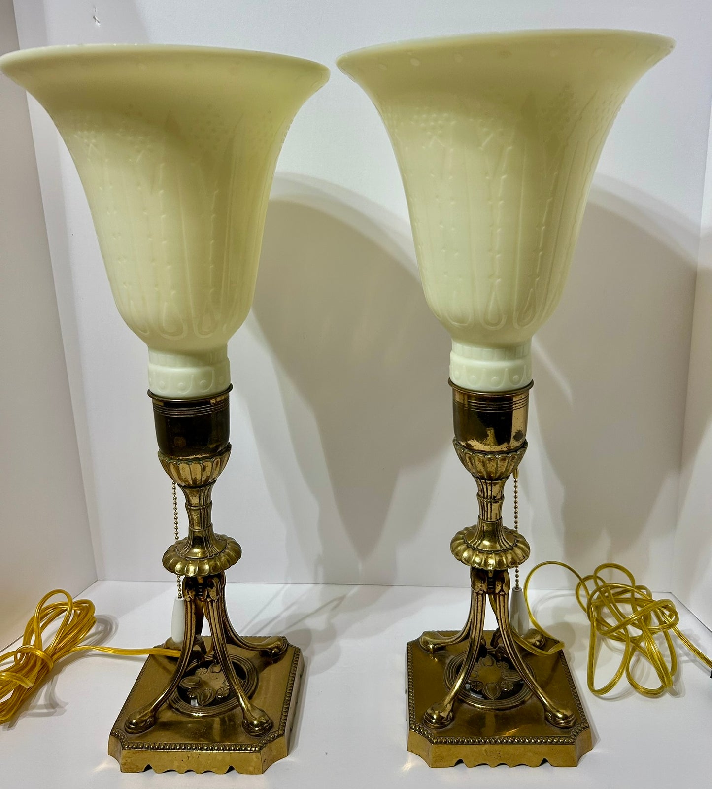 DECO STYLE PAIR OF LAMPS WITH CONSOLIDATED PHOENIX STYLE SHADES