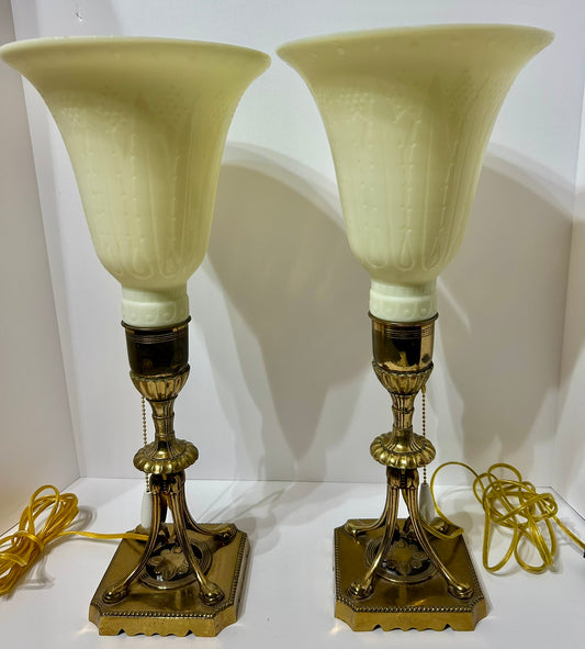 DECO STYLE PAIR OF LAMPS WITH CONSOLIDATED PHOENIX STYLE SHADES