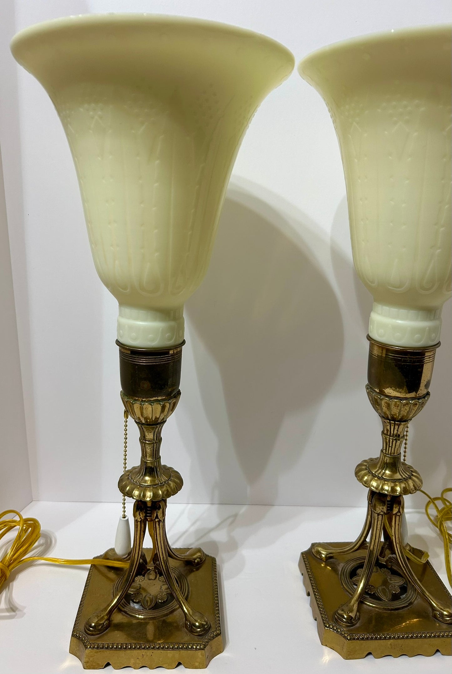 DECO STYLE PAIR OF LAMPS WITH CONSOLIDATED PHOENIX STYLE SHADES