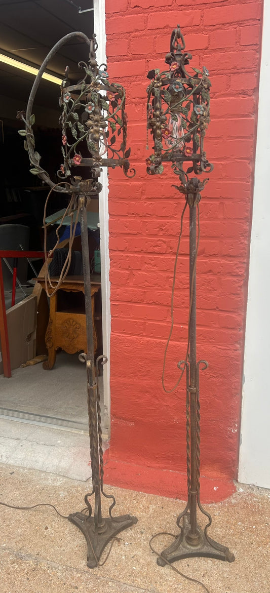 WROUGHT IRON DECO FLOOR LAMPS WITH FLOWERS PAIR