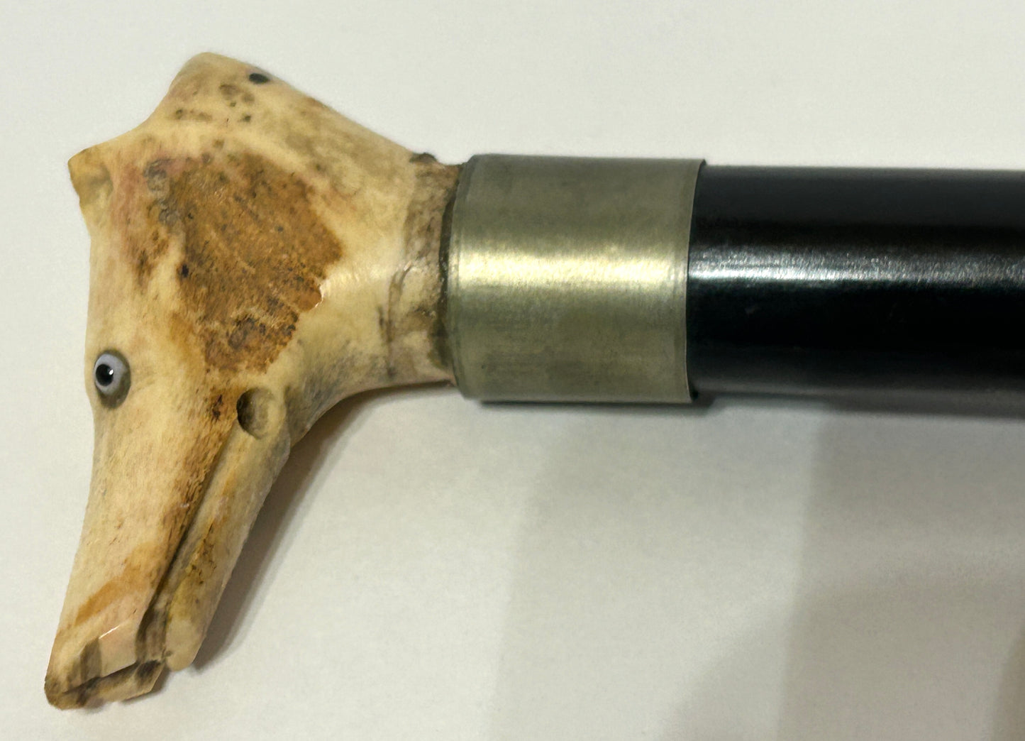 ANTIQUE BONE FIGURAL DOG HEAD RIDING CROP WITH WHISTLE