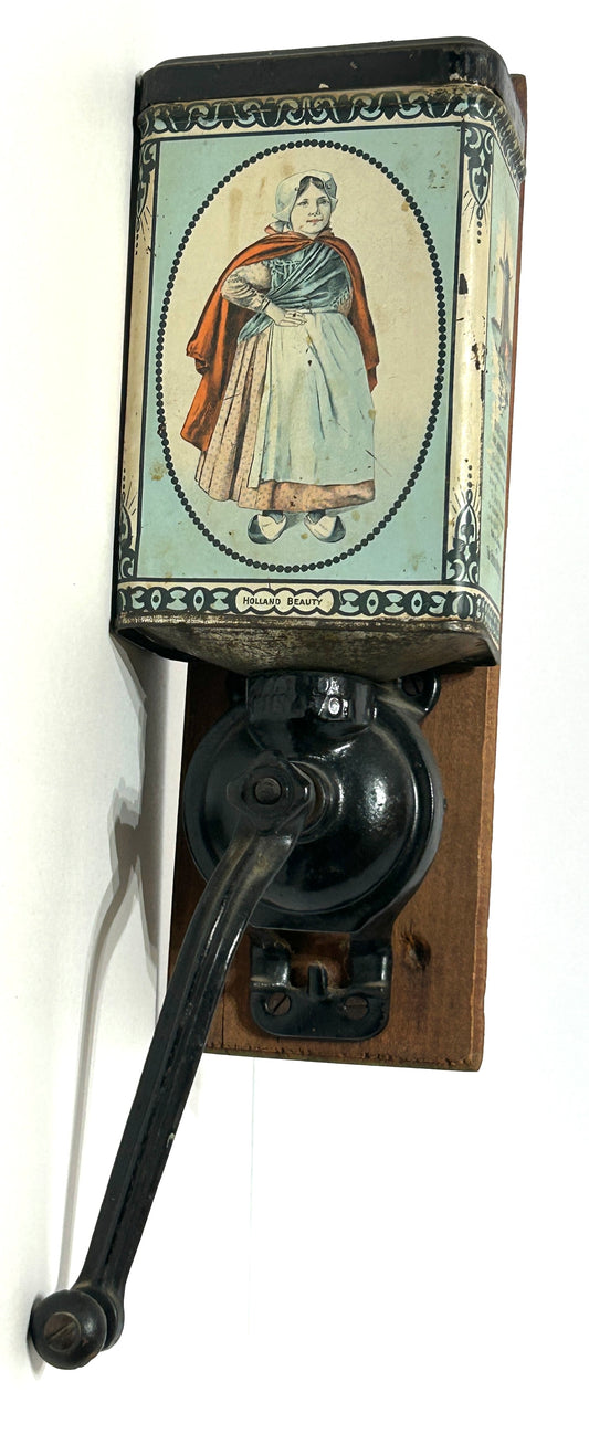 ANTIQUE BRONSON WALTON CO. WALL COFFEE GRINDER WITH WOMAN IMAGE